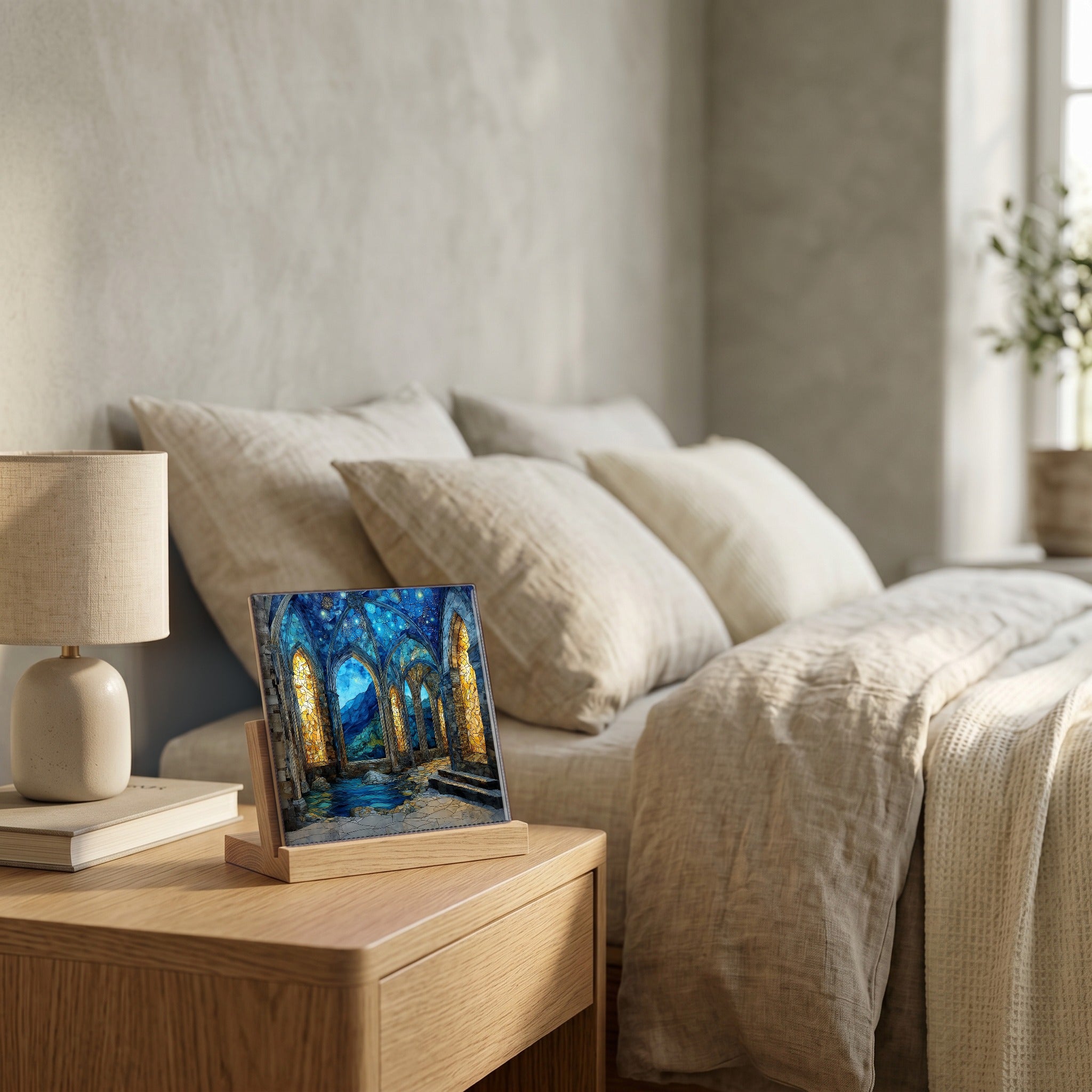 On the nightstand, catching the morning.