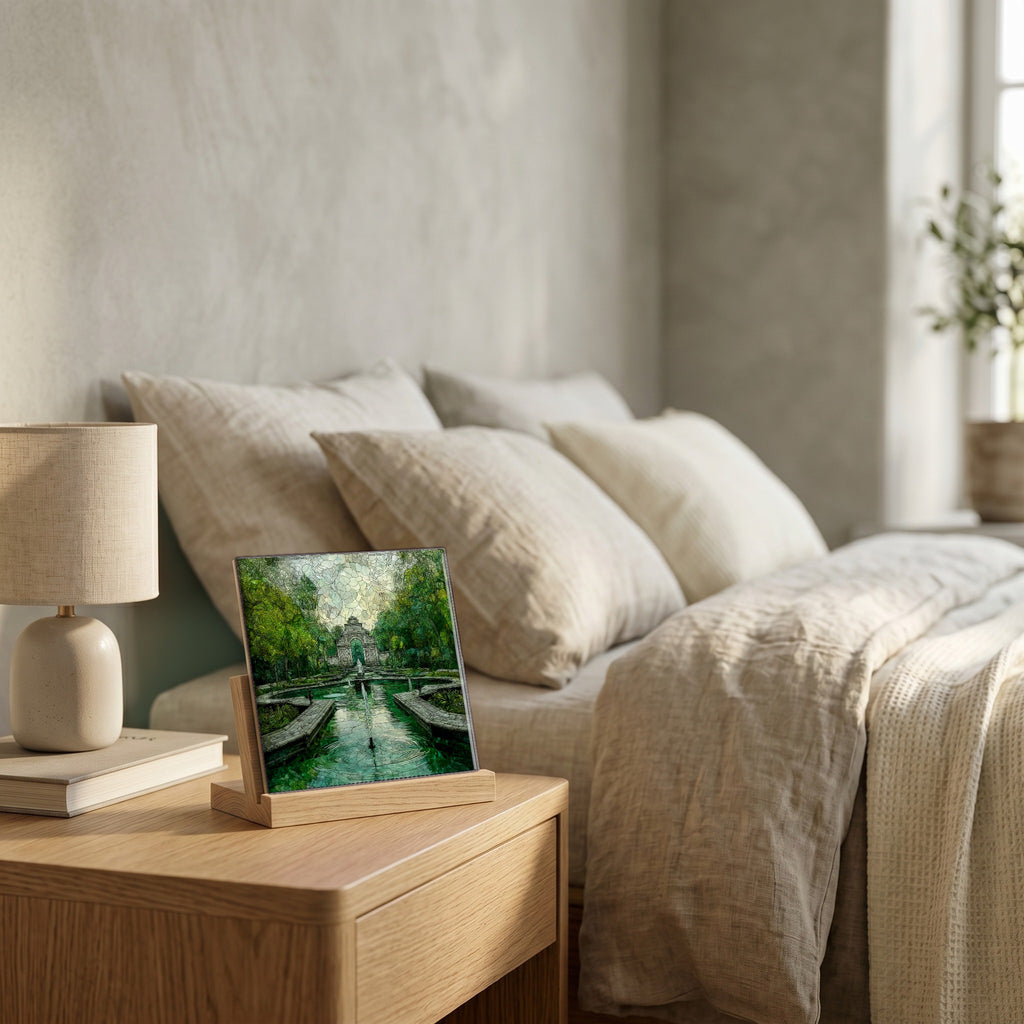 On the nightstand, catching the morning.