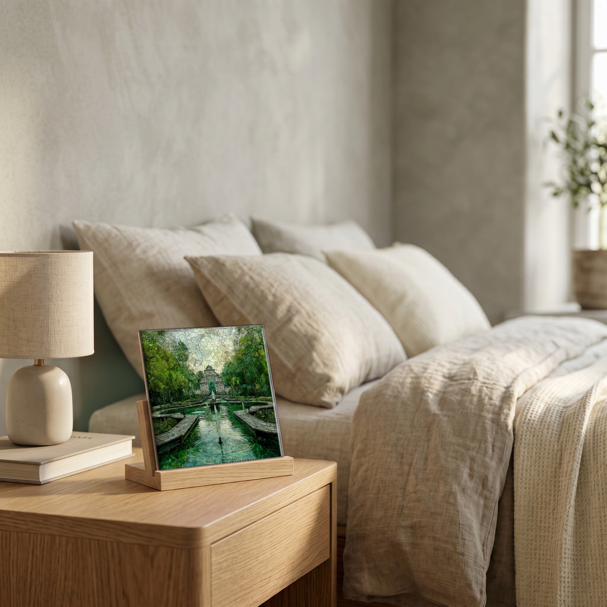 On the nightstand, catching the morning.