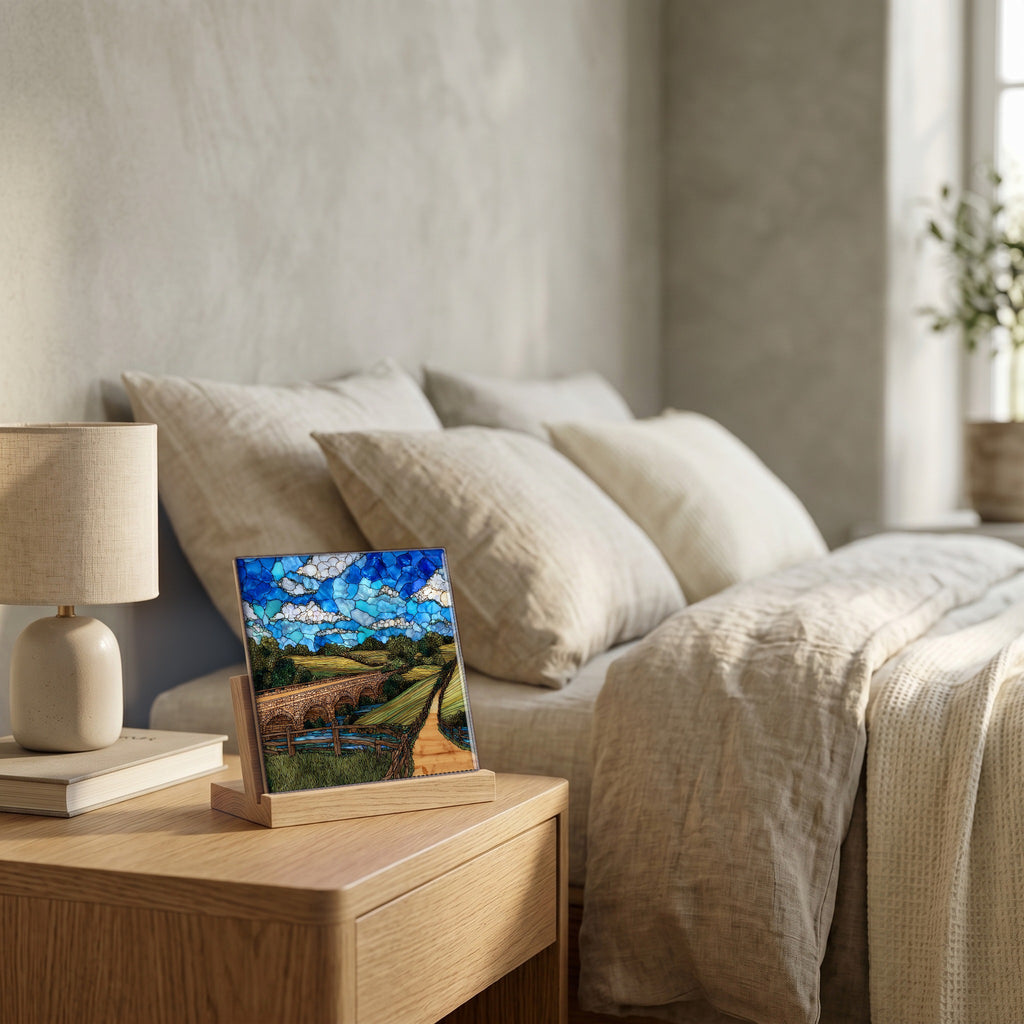 On the nightstand, catching the morning.