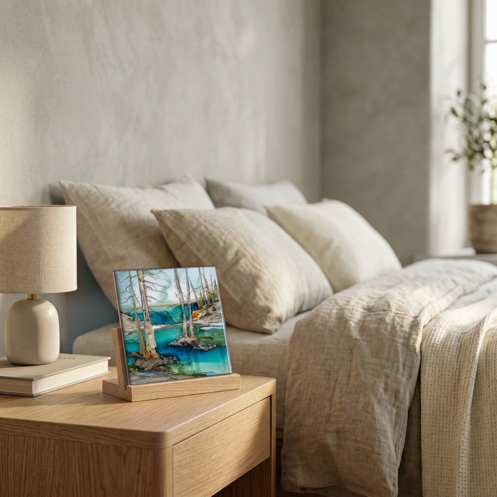 On the nightstand, catching the morning.