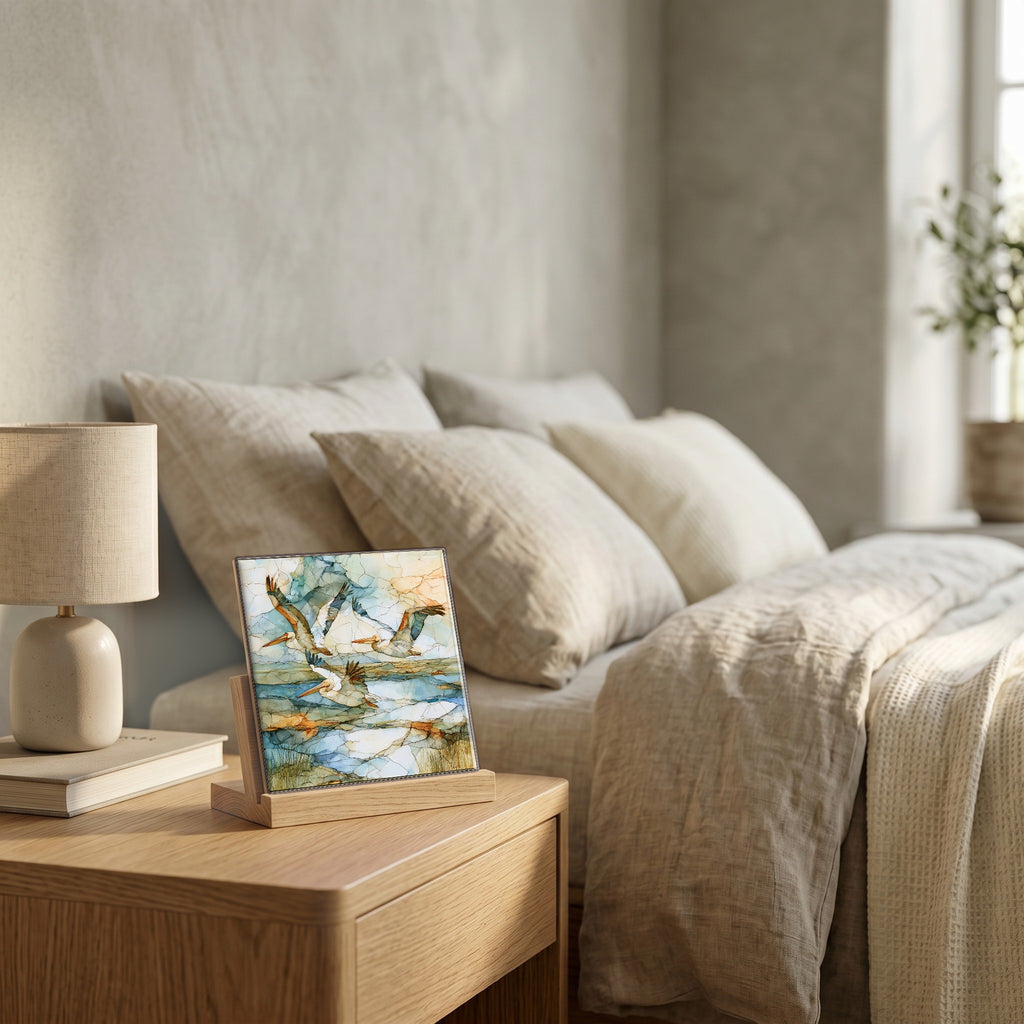 On the nightstand, catching the morning.