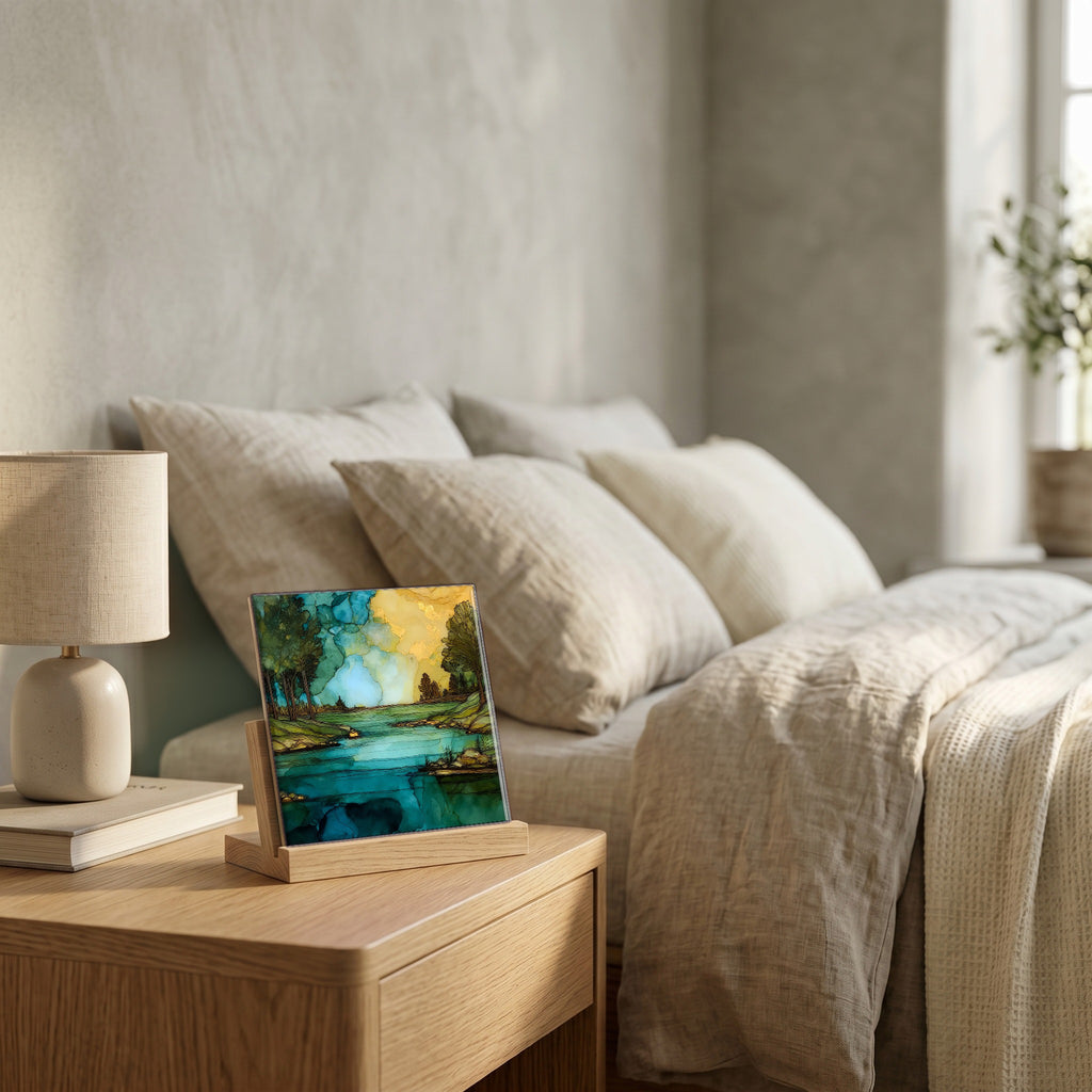 On the nightstand, catching the morning.