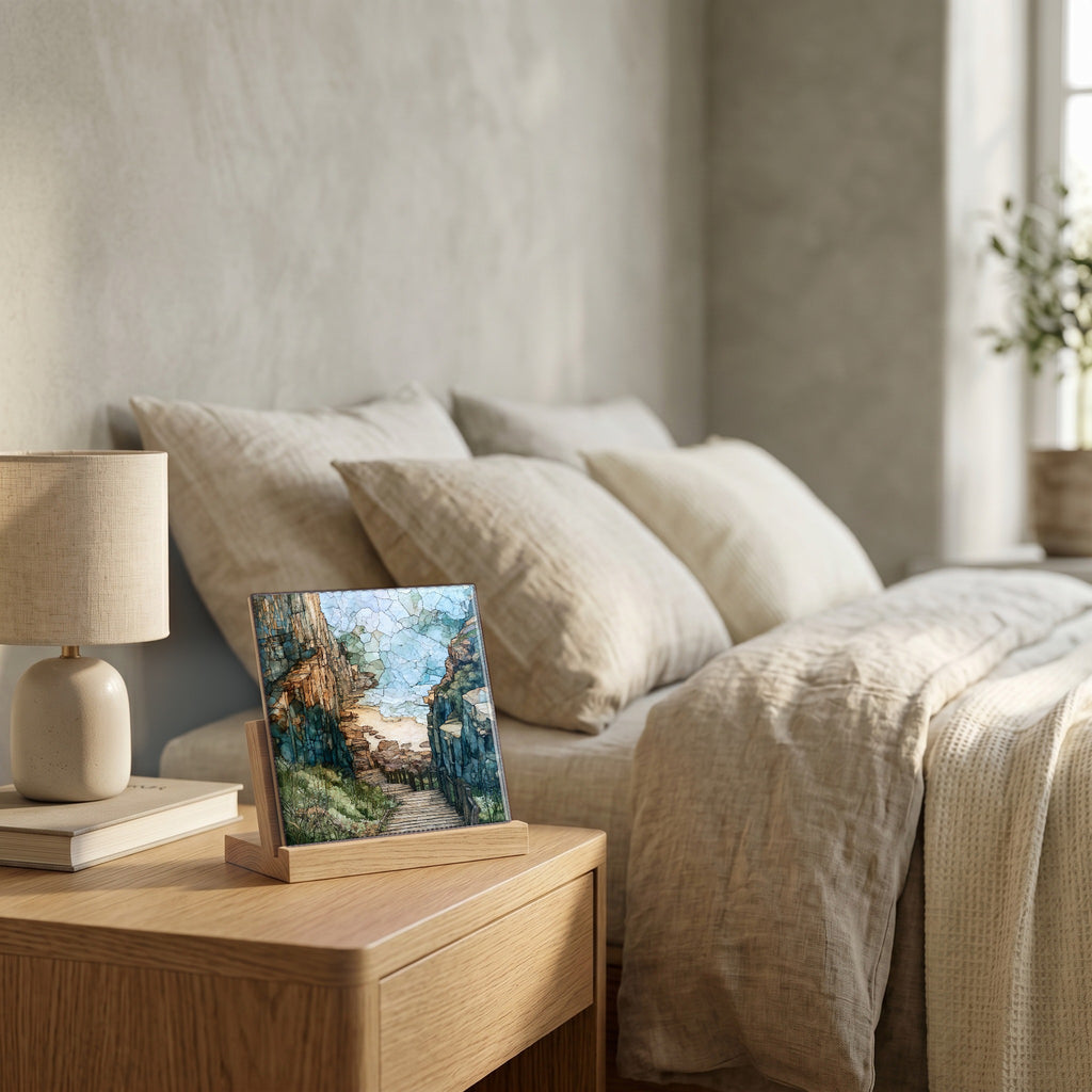 On the nightstand, catching the morning.