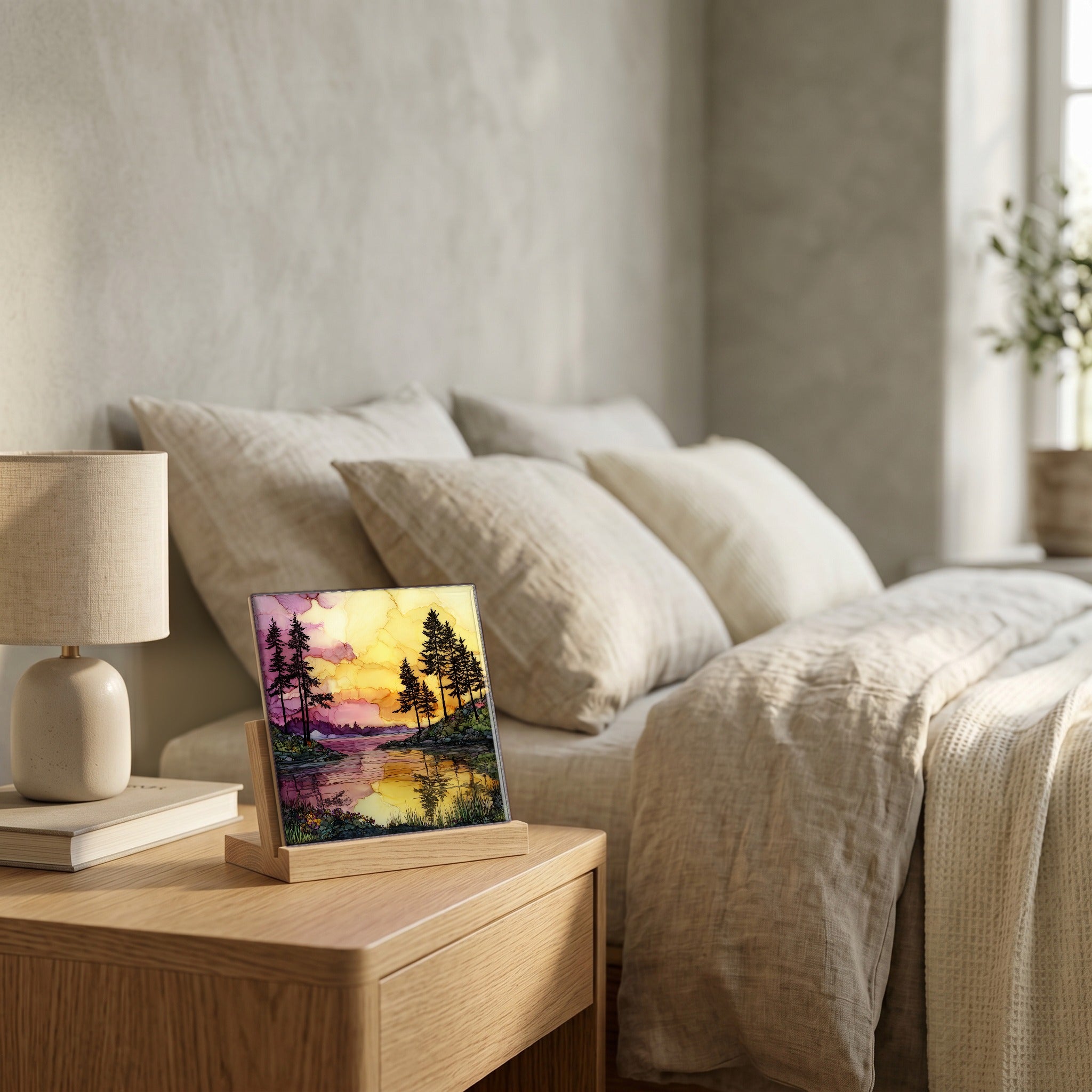 On the nightstand, catching the morning.