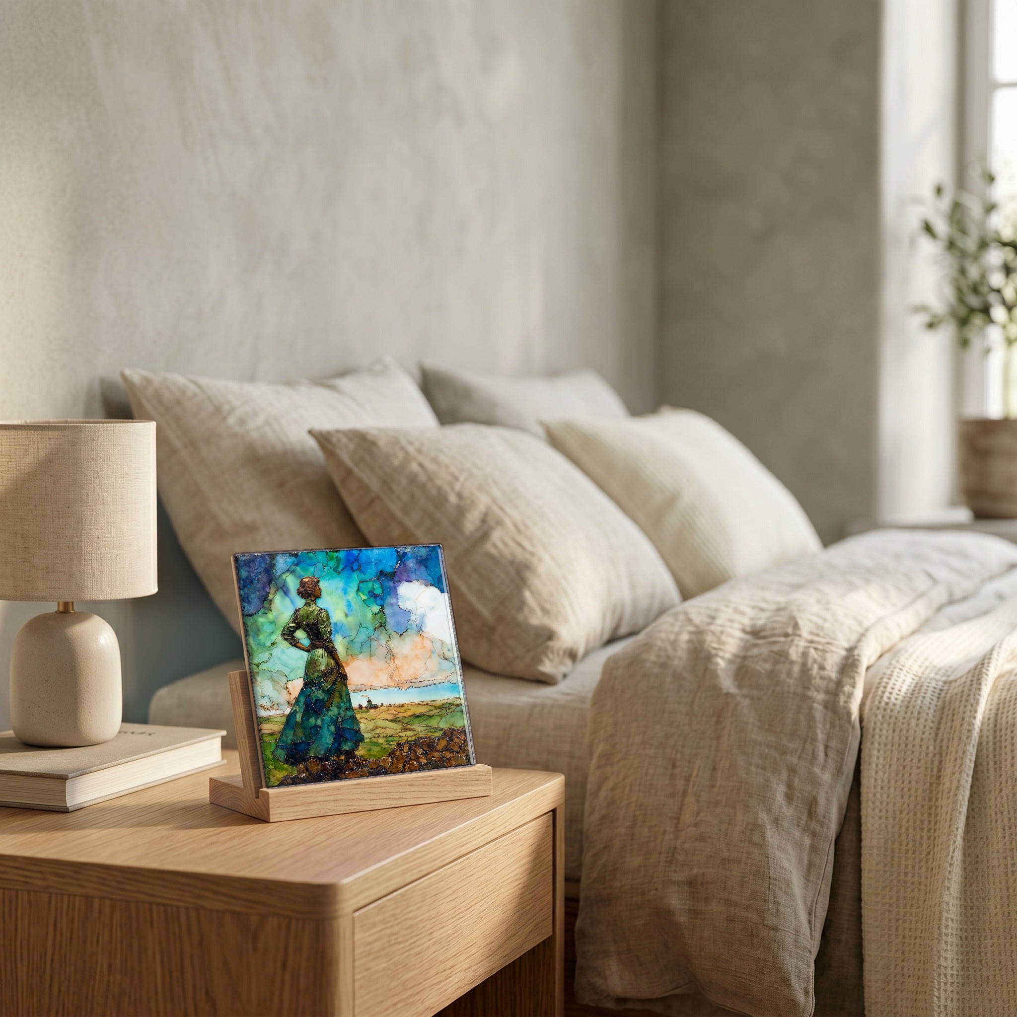 On the nightstand, catching the morning.