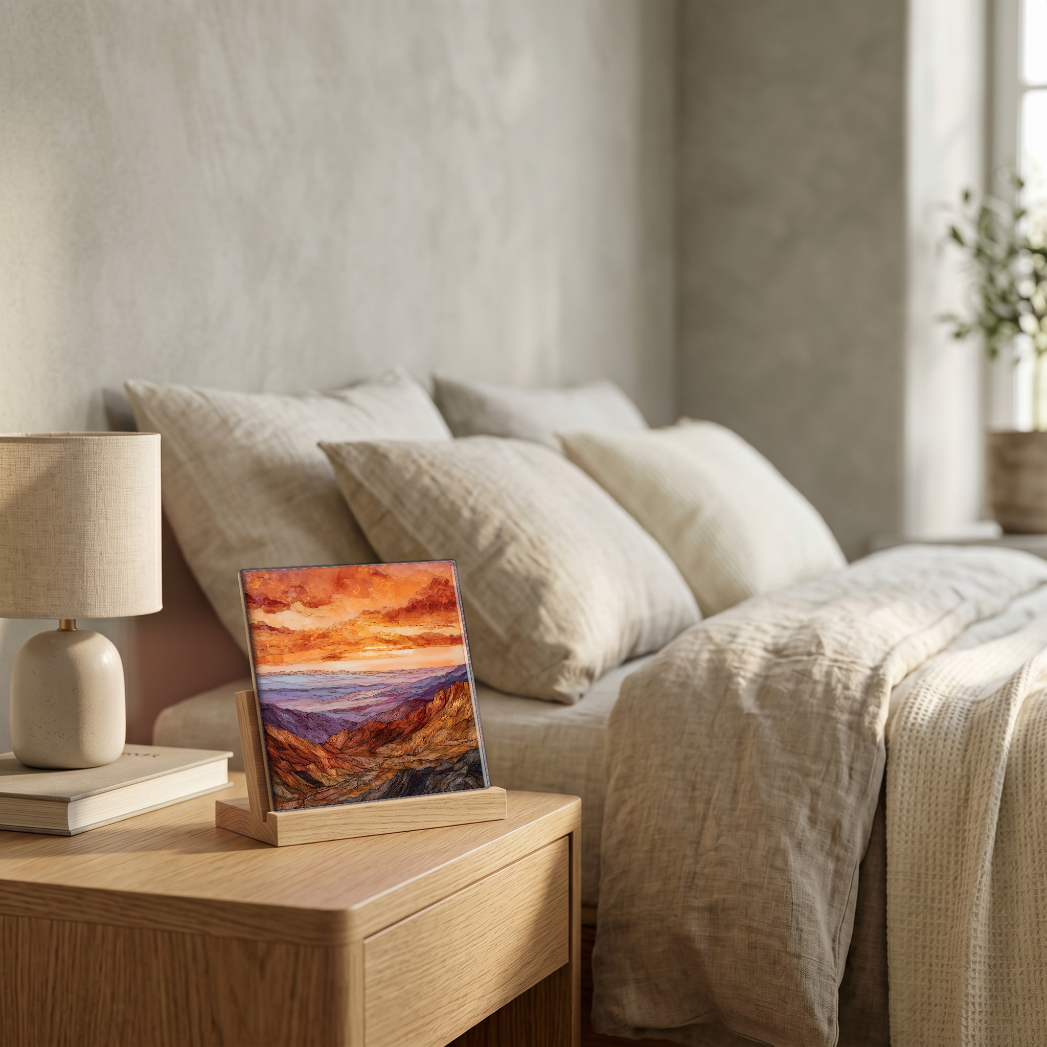 On the nightstand, on a light oak stand.