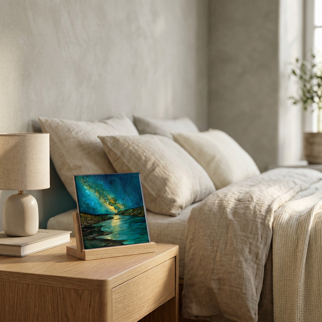 On the nightstand, catching the morning.