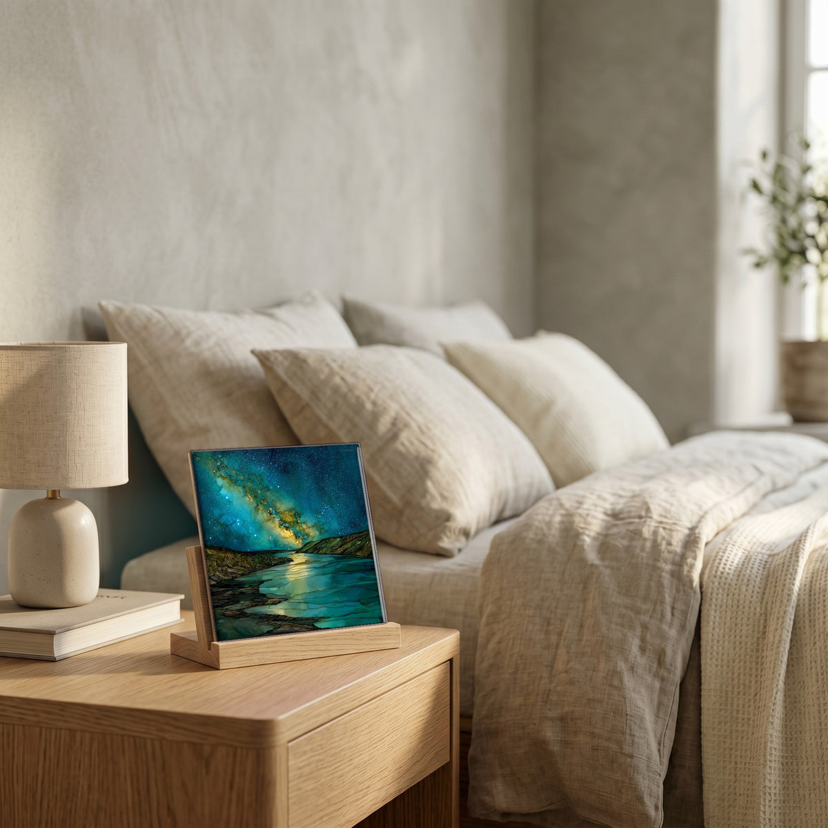On the nightstand, catching the morning.