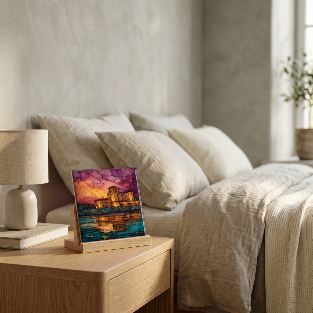 On the nightstand, on a light oak stand.
