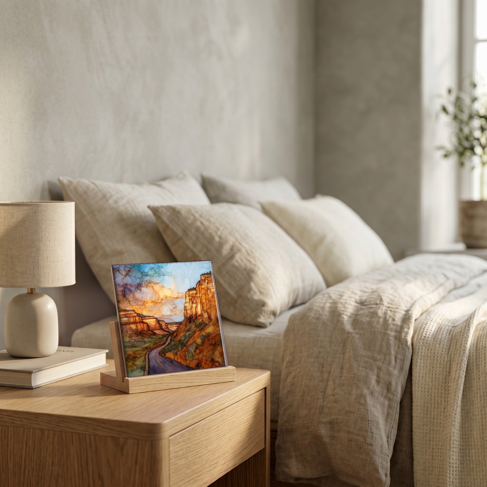 On the nightstand, on a light oak stand.