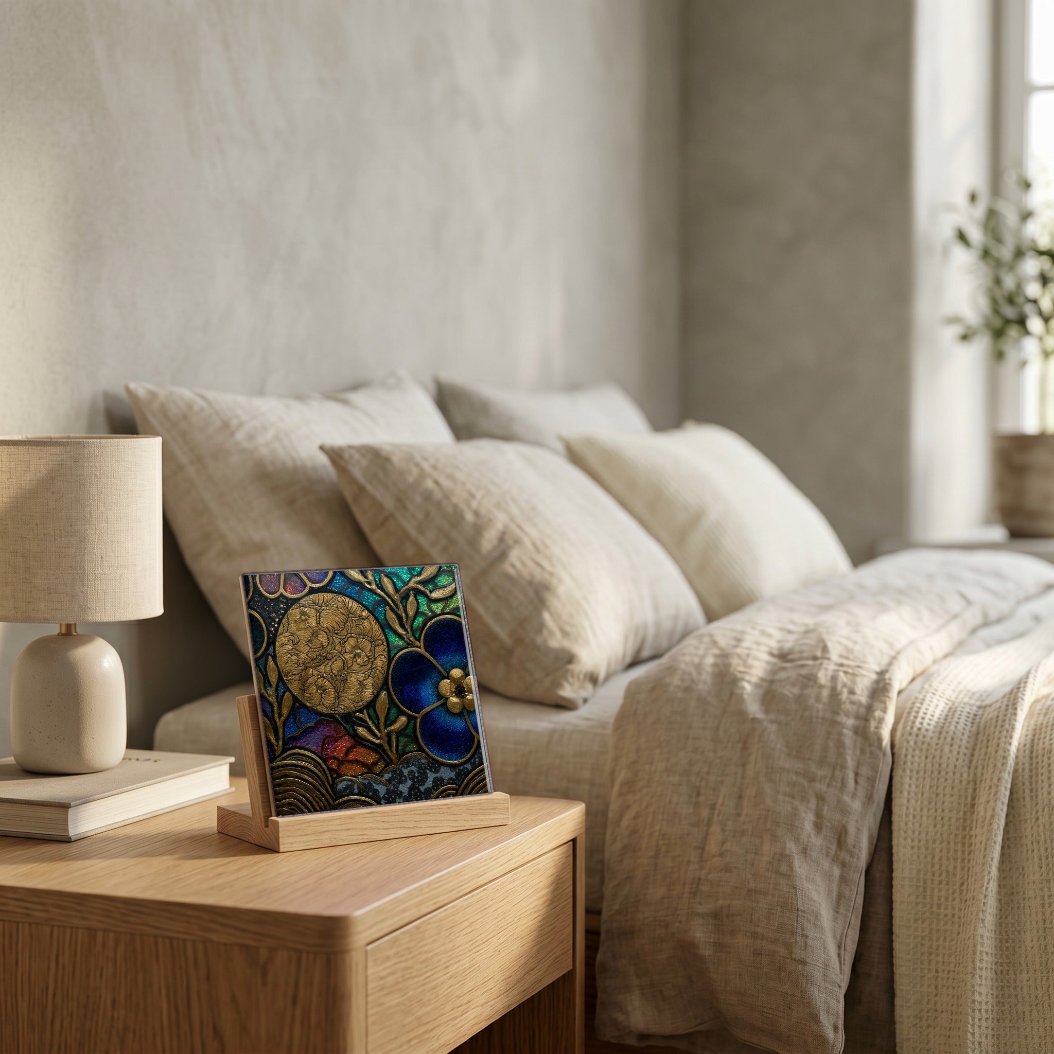 On the nightstand, catching the morning.