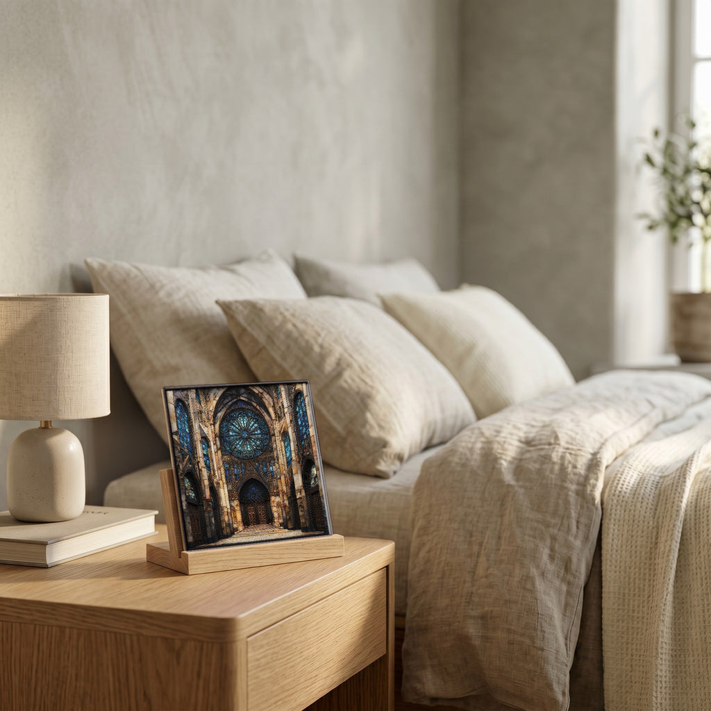 On the nightstand, catching the morning.