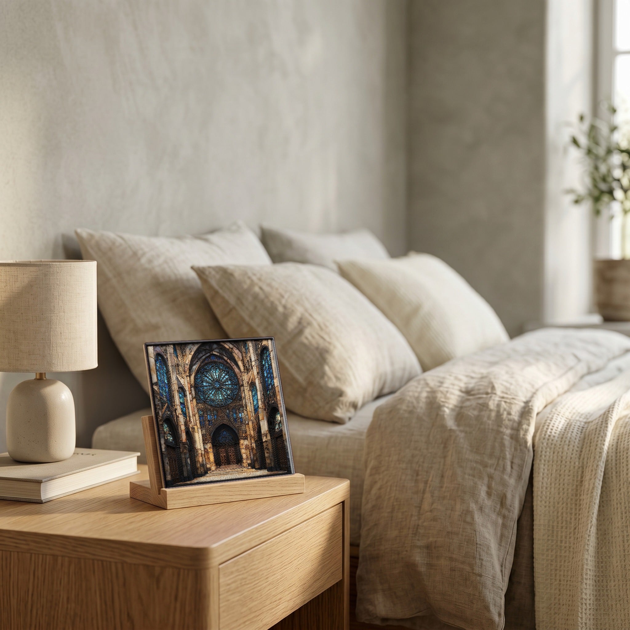 On the nightstand, catching the morning.