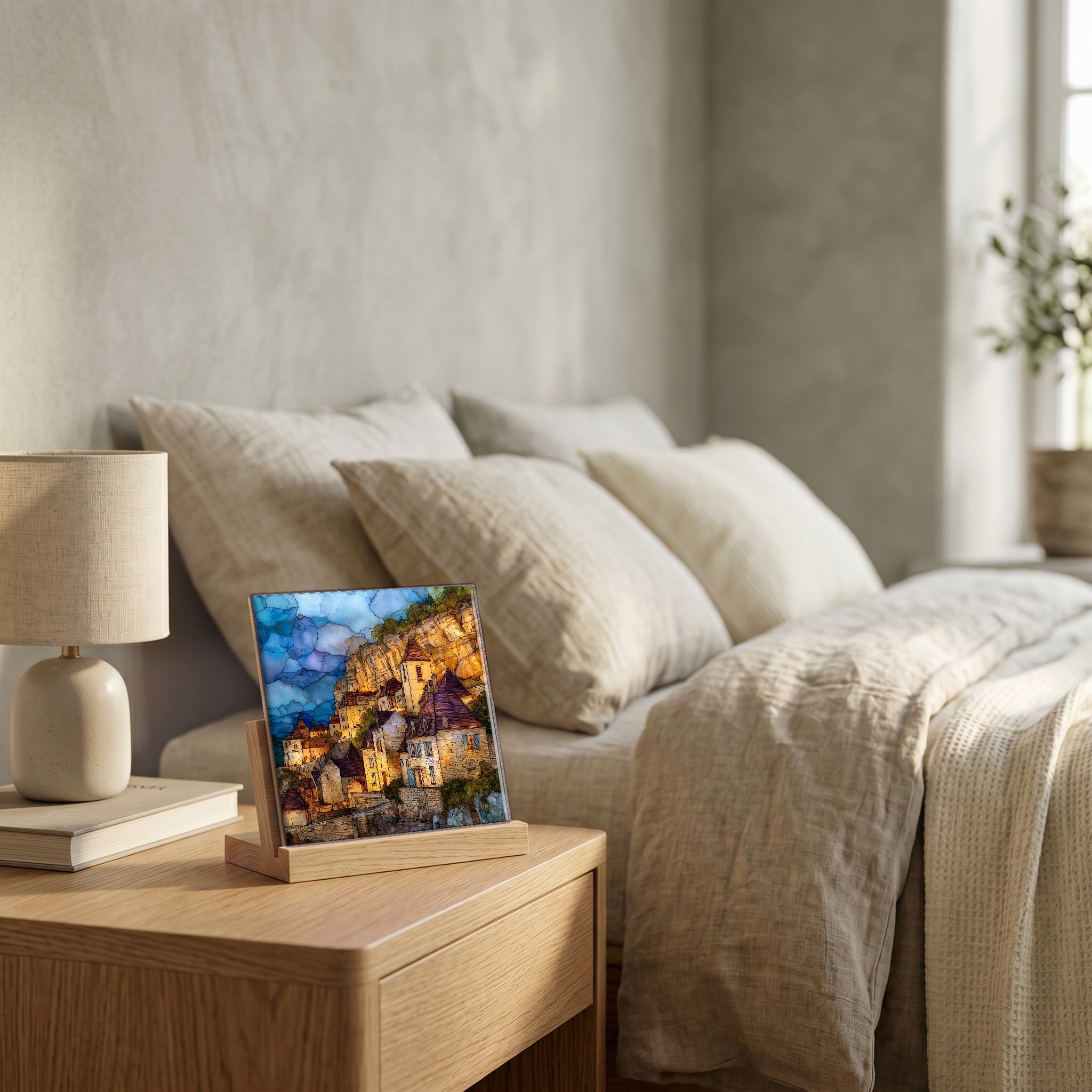 On the nightstand, on a light oak stand.