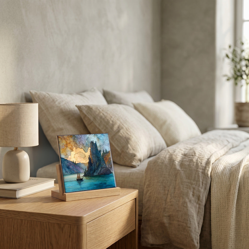 On the nightstand, catching the morning.