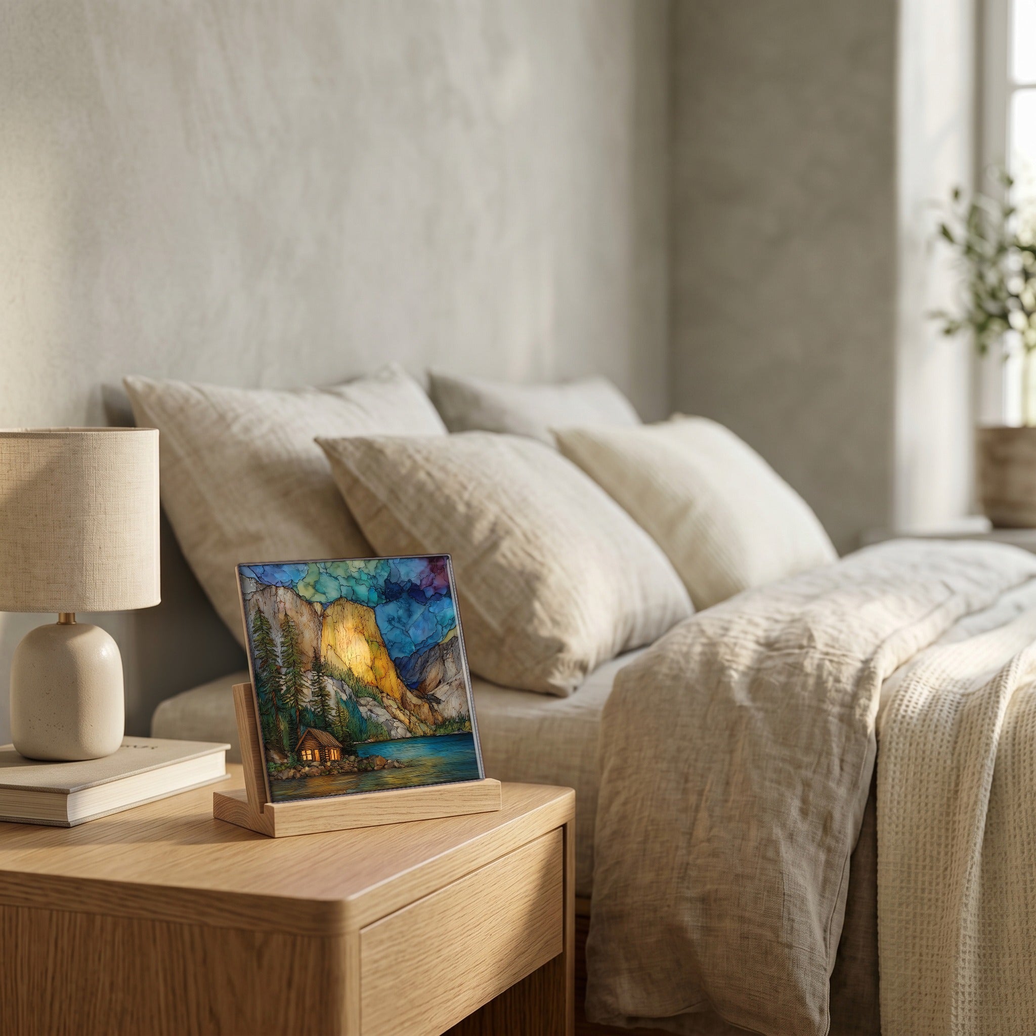 On the nightstand, catching the morning.
