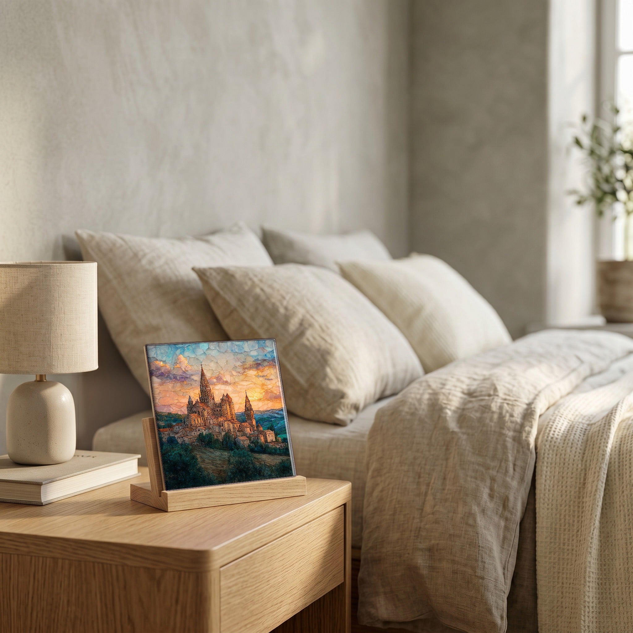 On the nightstand, on a light oak stand.