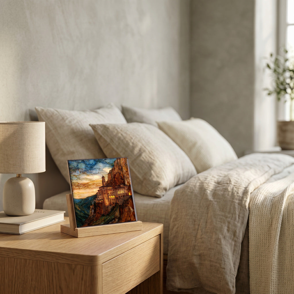 On the nightstand, on a light oak stand.