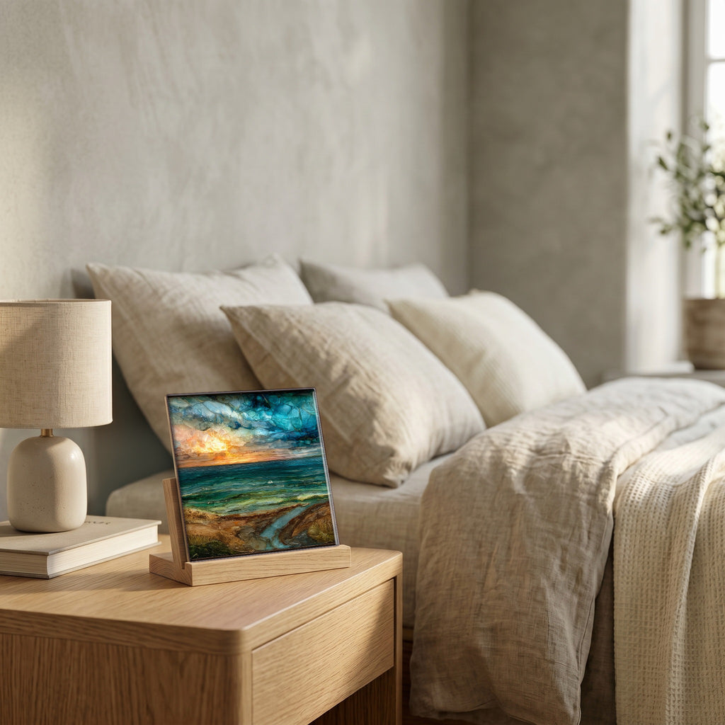 On the nightstand, on a light oak stand.