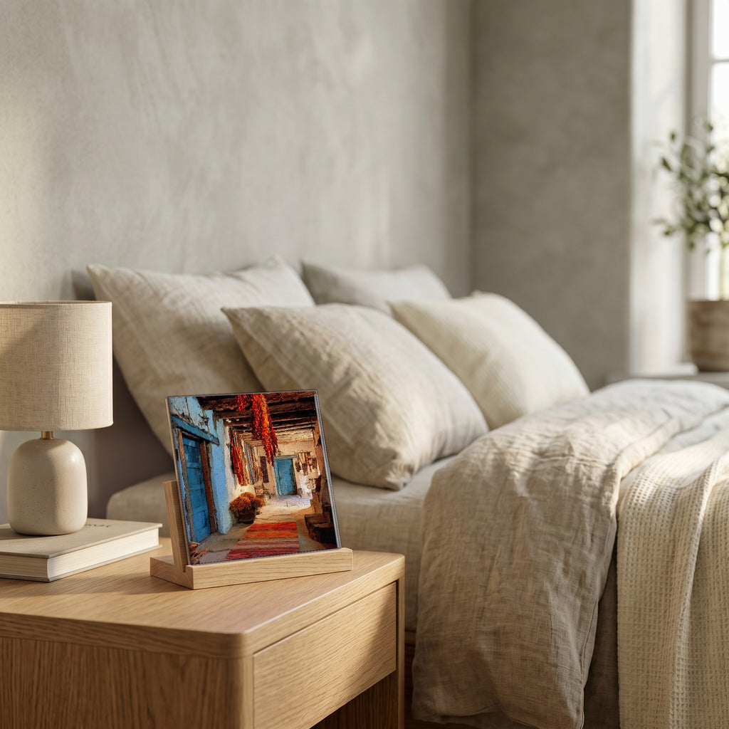 On the nightstand, catching the morning.