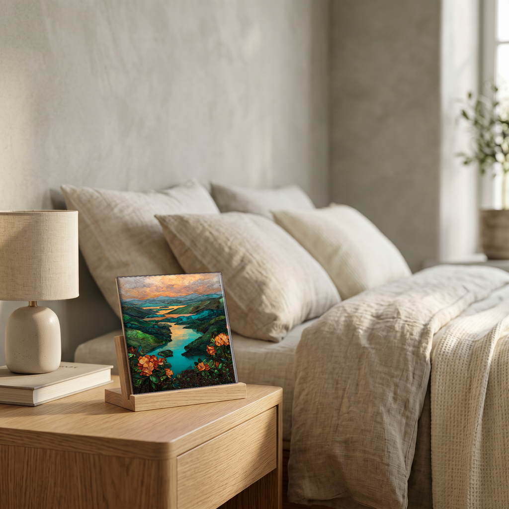 On the nightstand, on a light oak stand.