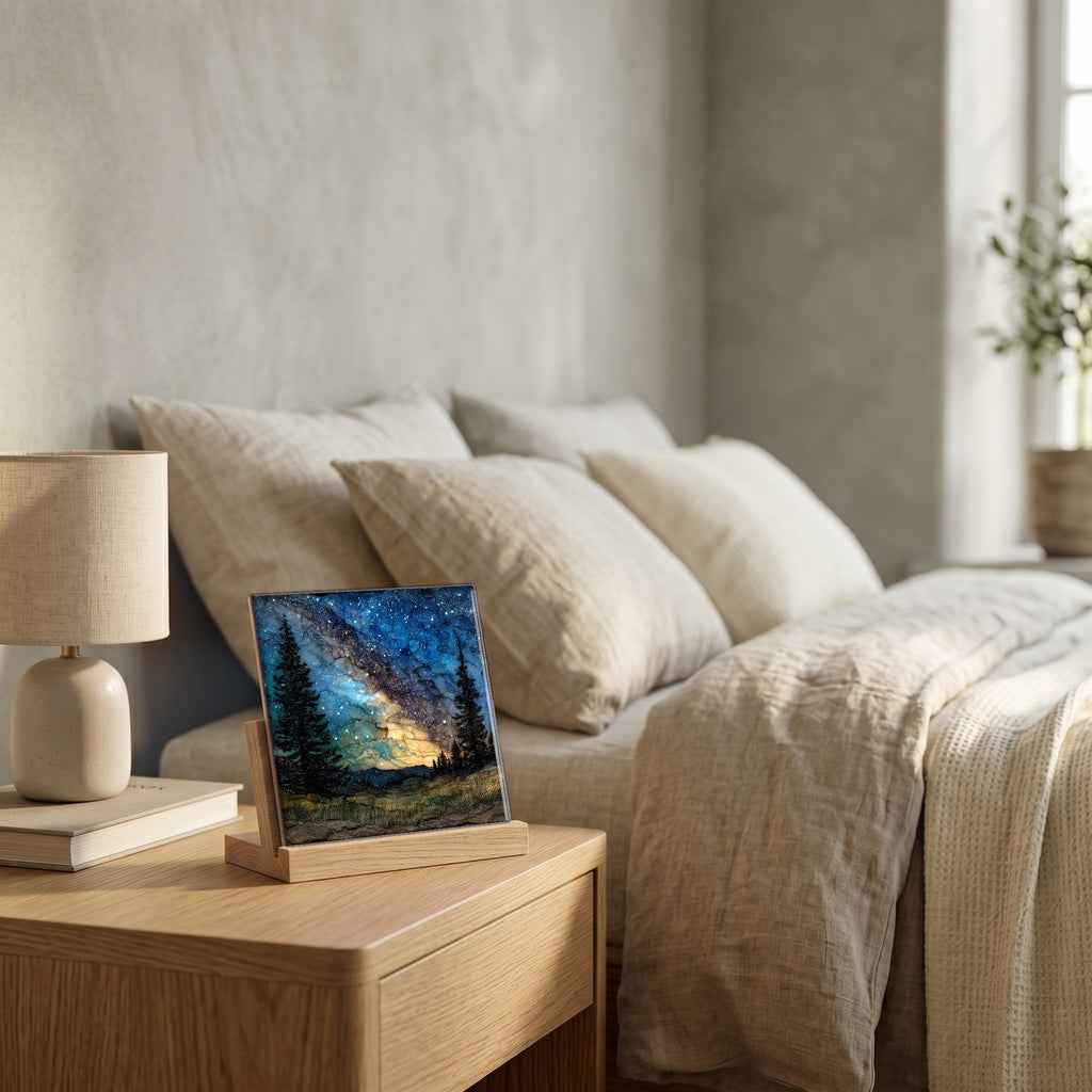 On the nightstand, catching the morning.