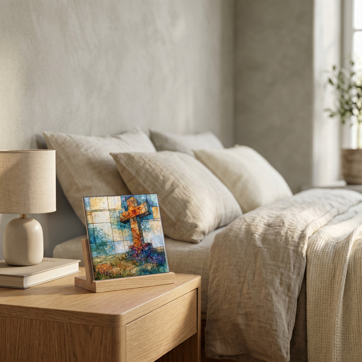On the nightstand, catching the morning.