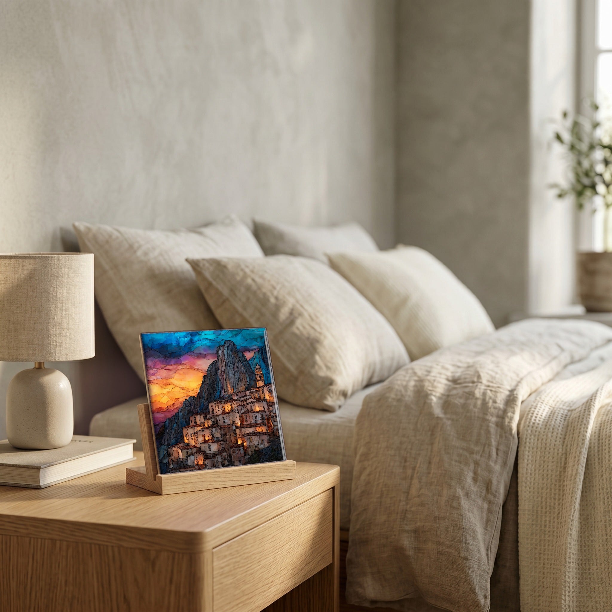 On the nightstand, on a light oak stand.