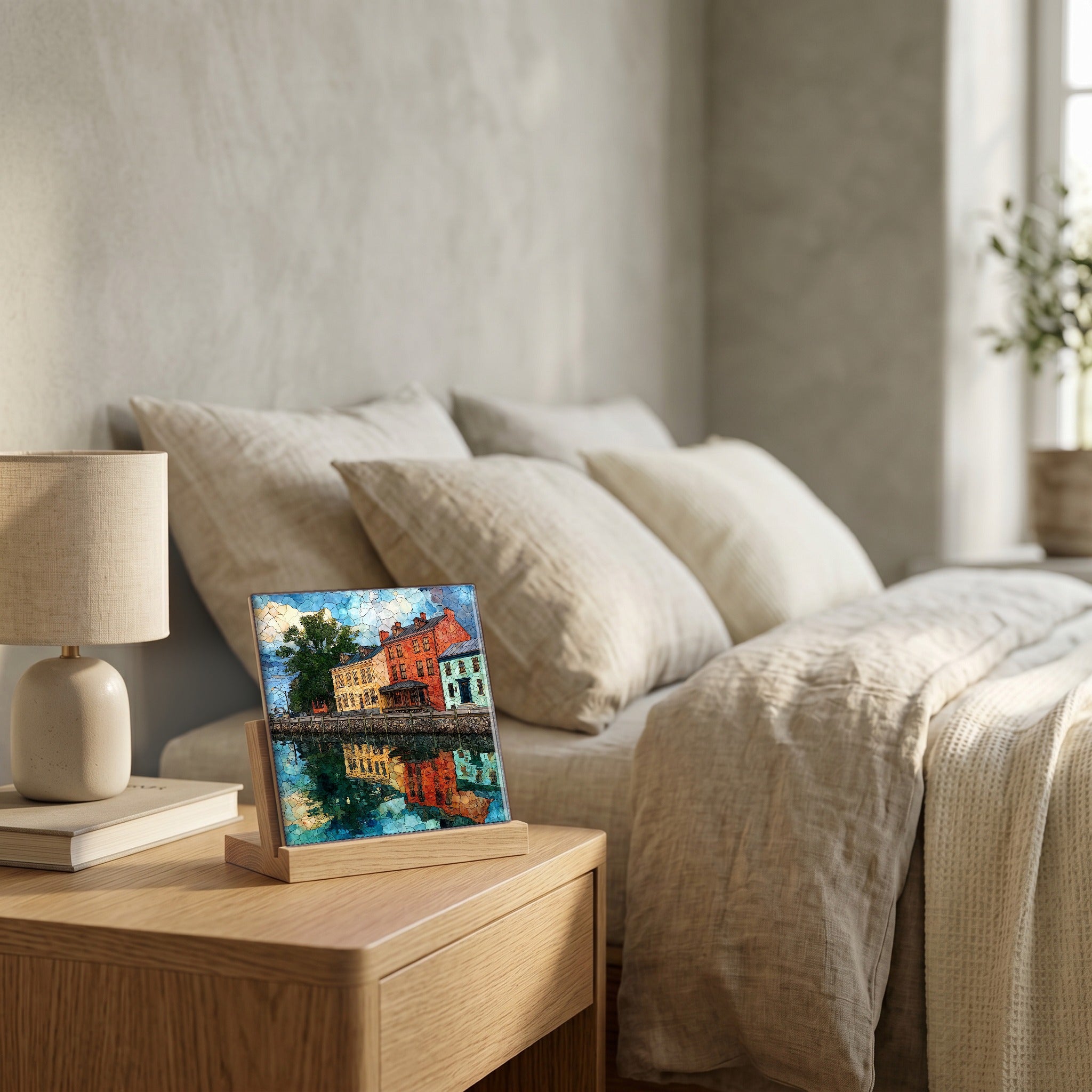 On the nightstand, catching the morning.