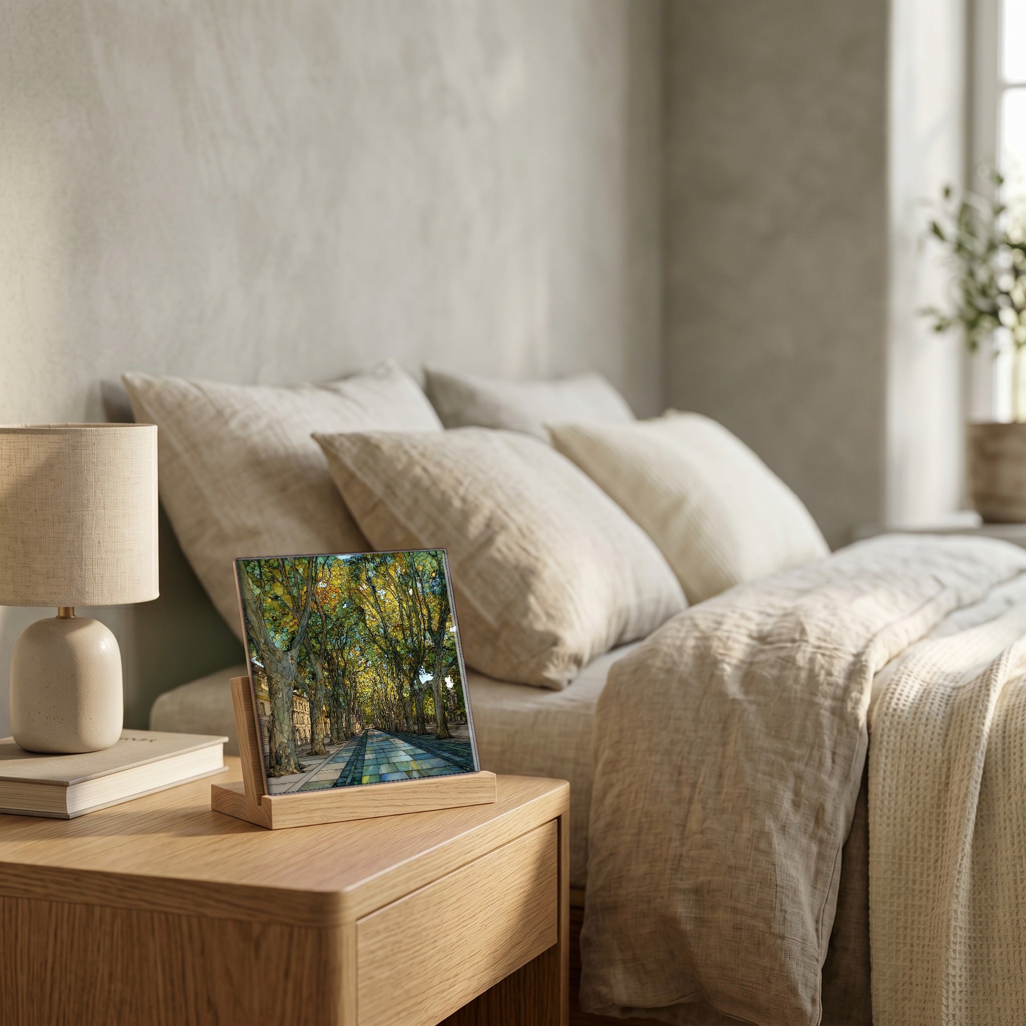 On the nightstand, on a light oak stand.
