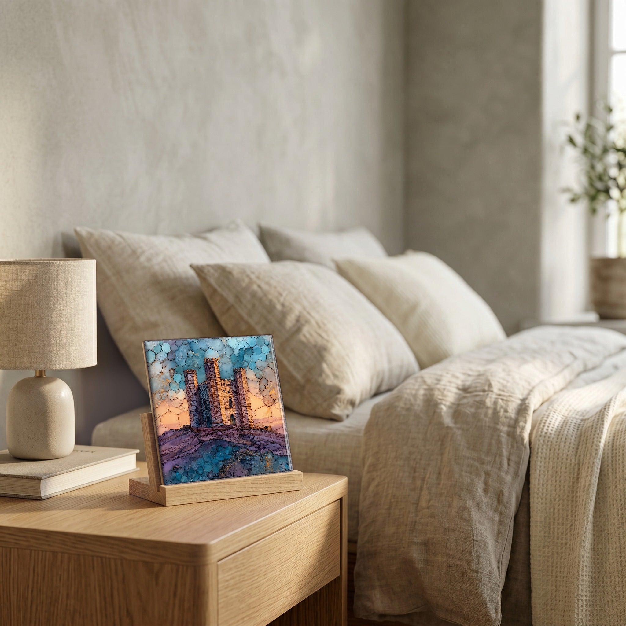 On the nightstand, on a light oak stand.