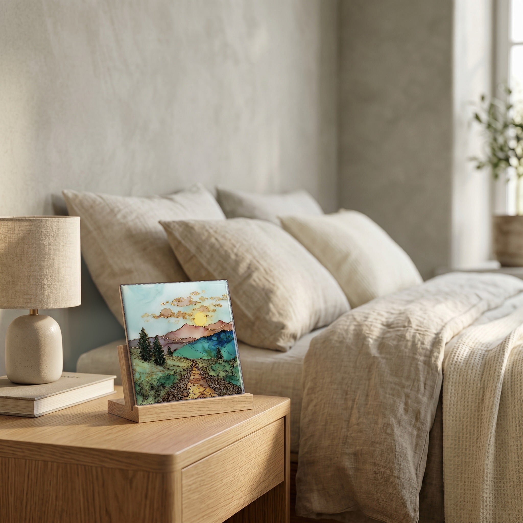 On the nightstand, catching the morning.