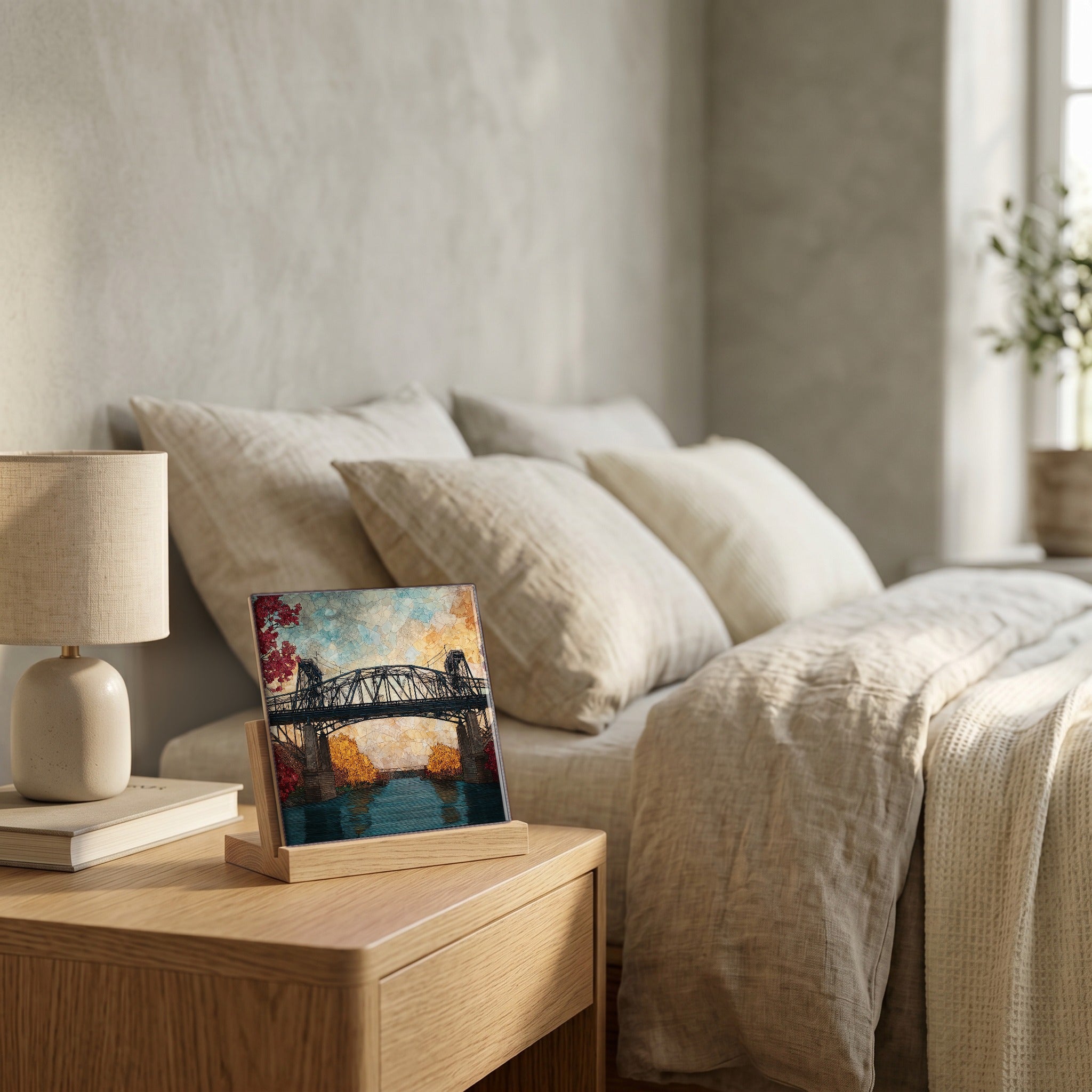 On the nightstand, catching the morning.