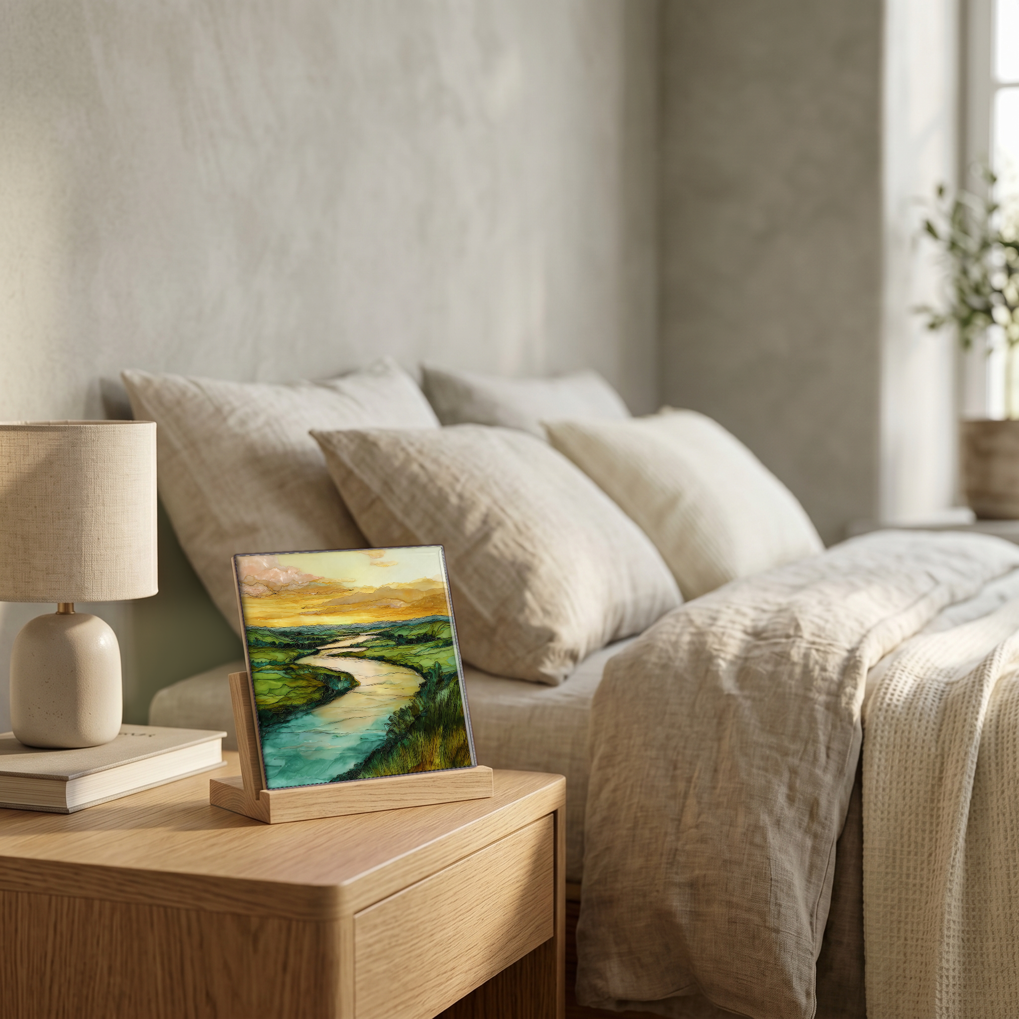 On the nightstand, on a light oak stand.