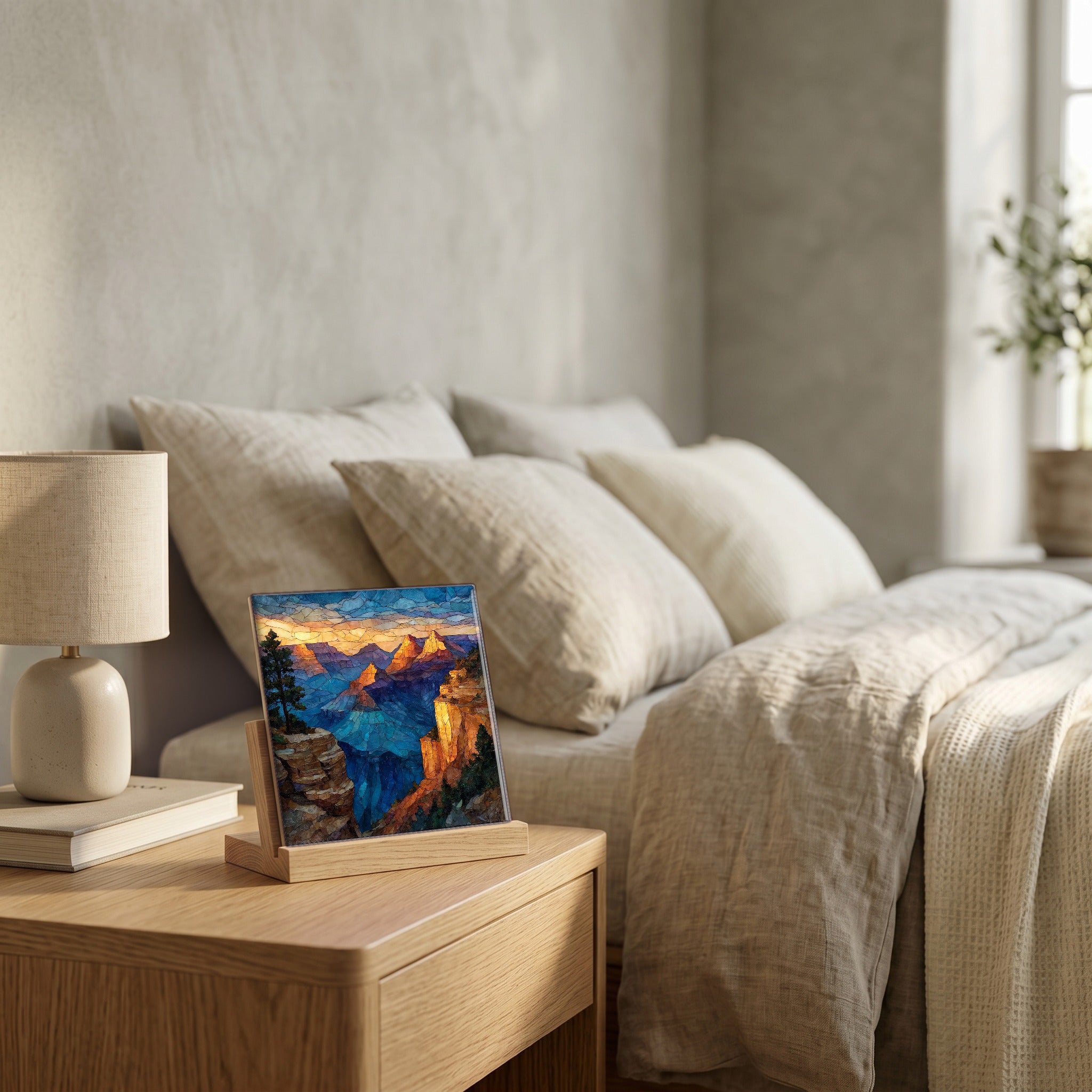 On the nightstand, catching the morning.