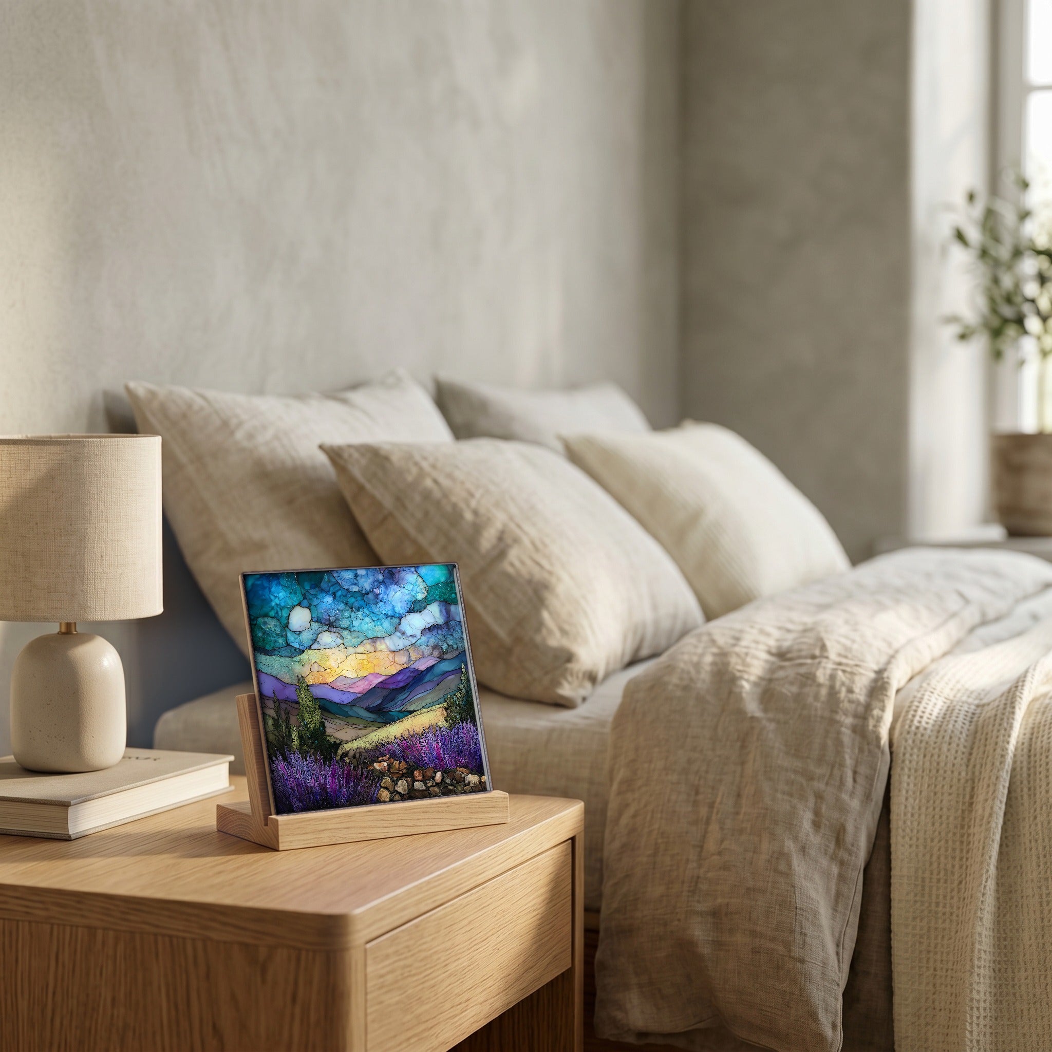 On the nightstand, on a light oak stand.