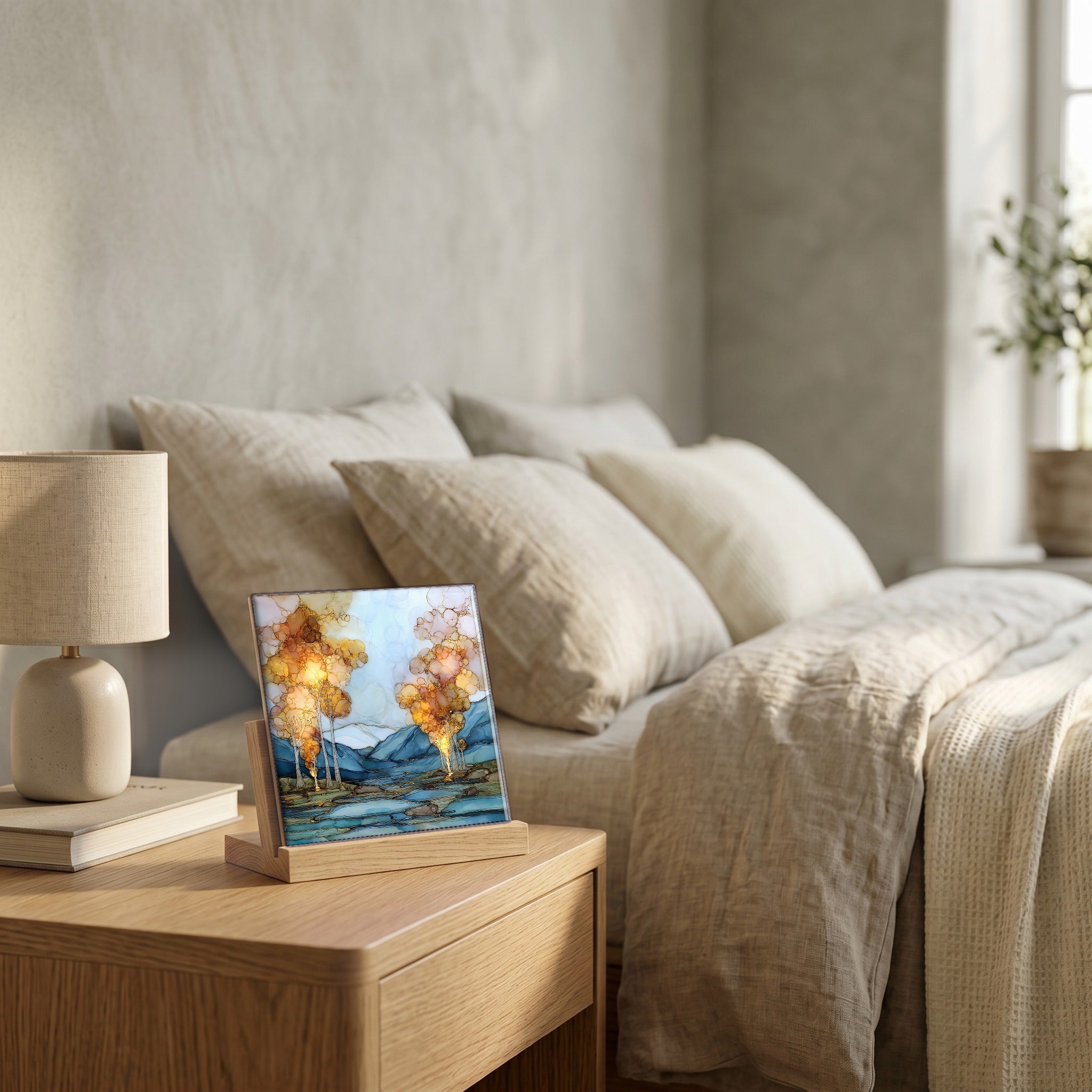 On the nightstand, on a light oak stand.