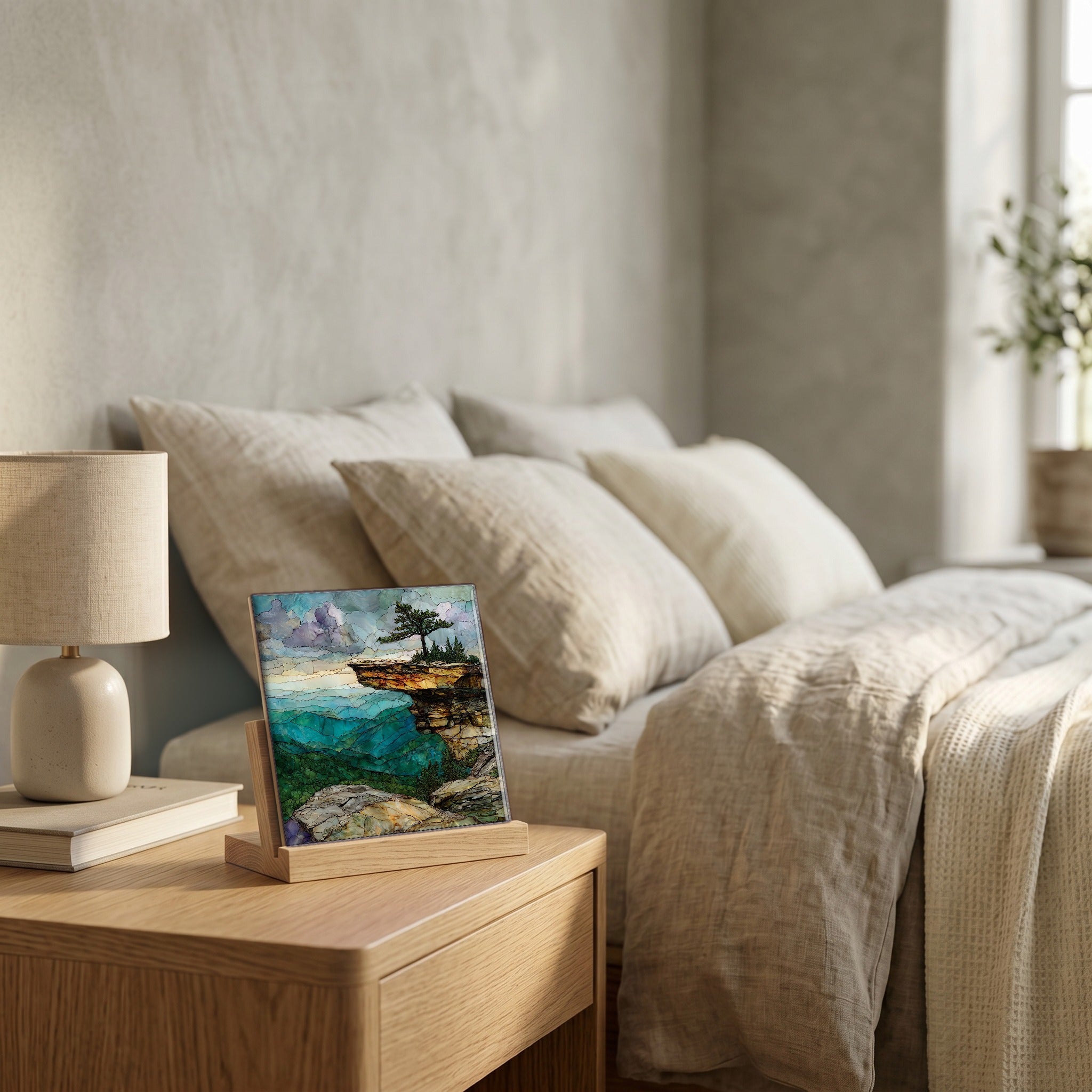 On the nightstand, catching the morning.