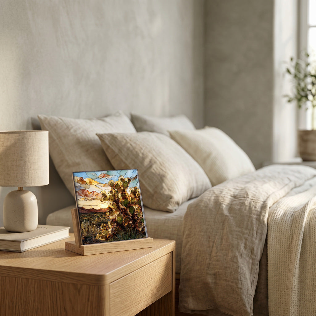 On the nightstand, catching the morning.