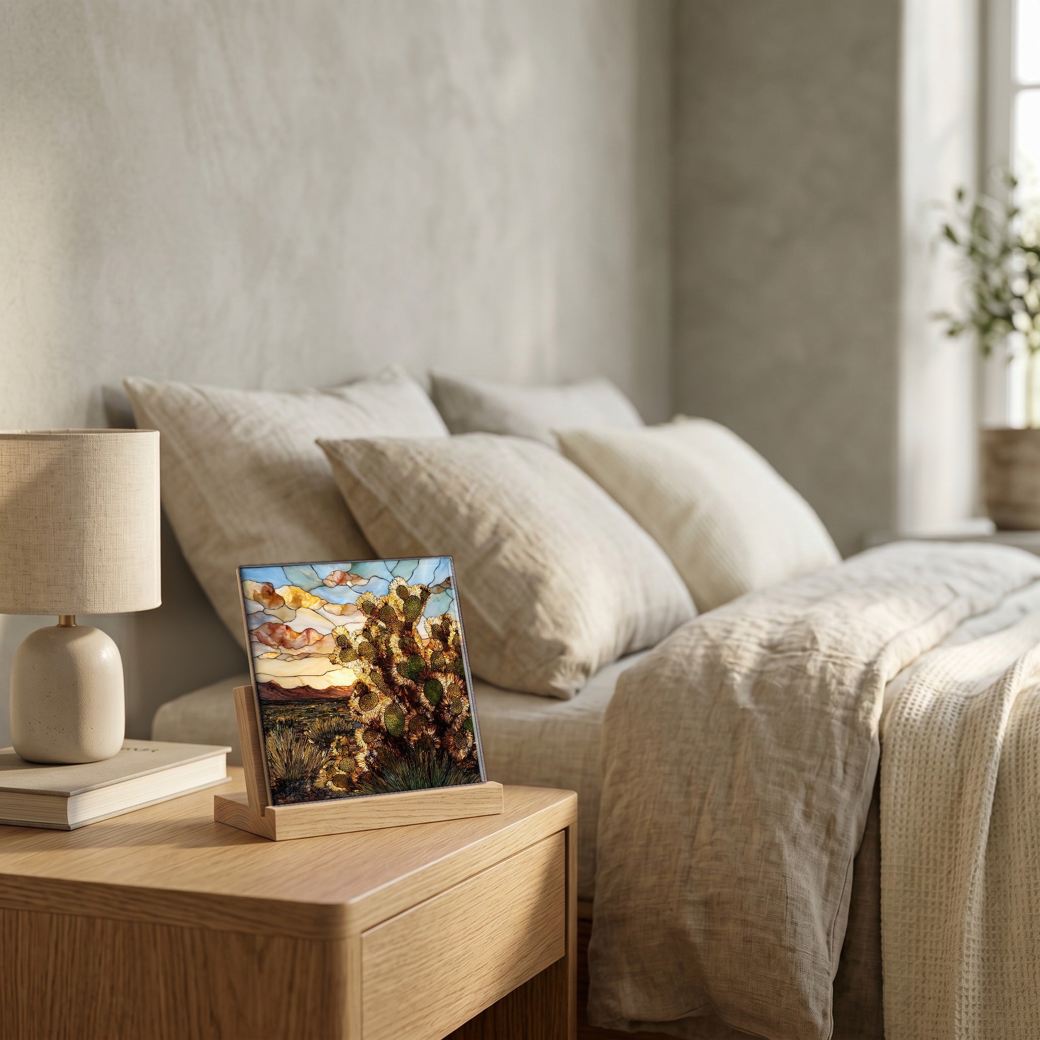 On the nightstand, catching the morning.