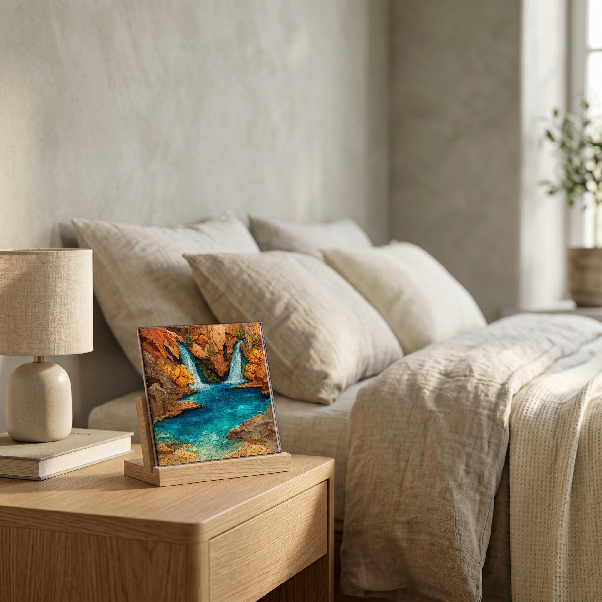 On the nightstand, catching the morning.
