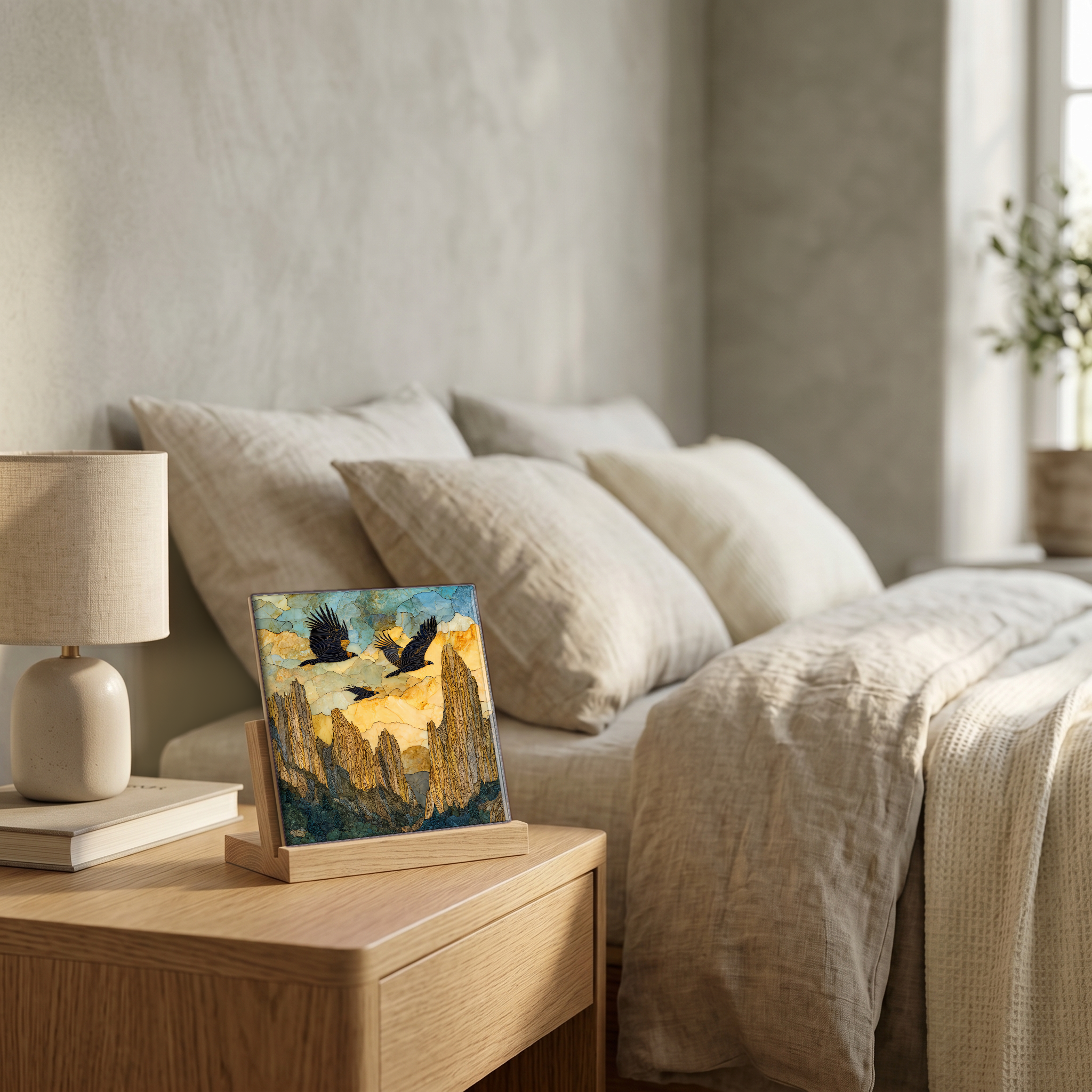 On the nightstand, on a light oak stand.
