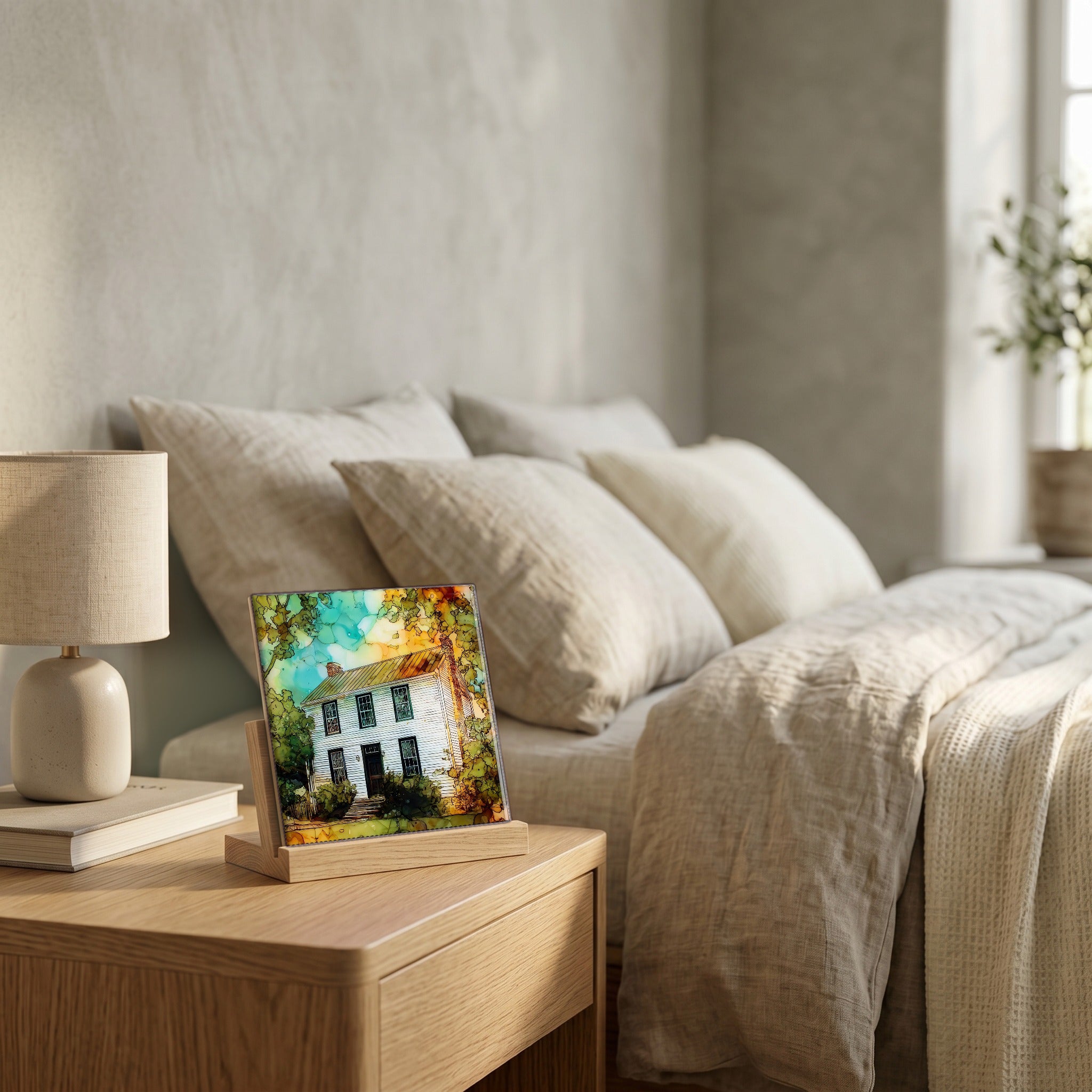 On the nightstand, catching the morning.