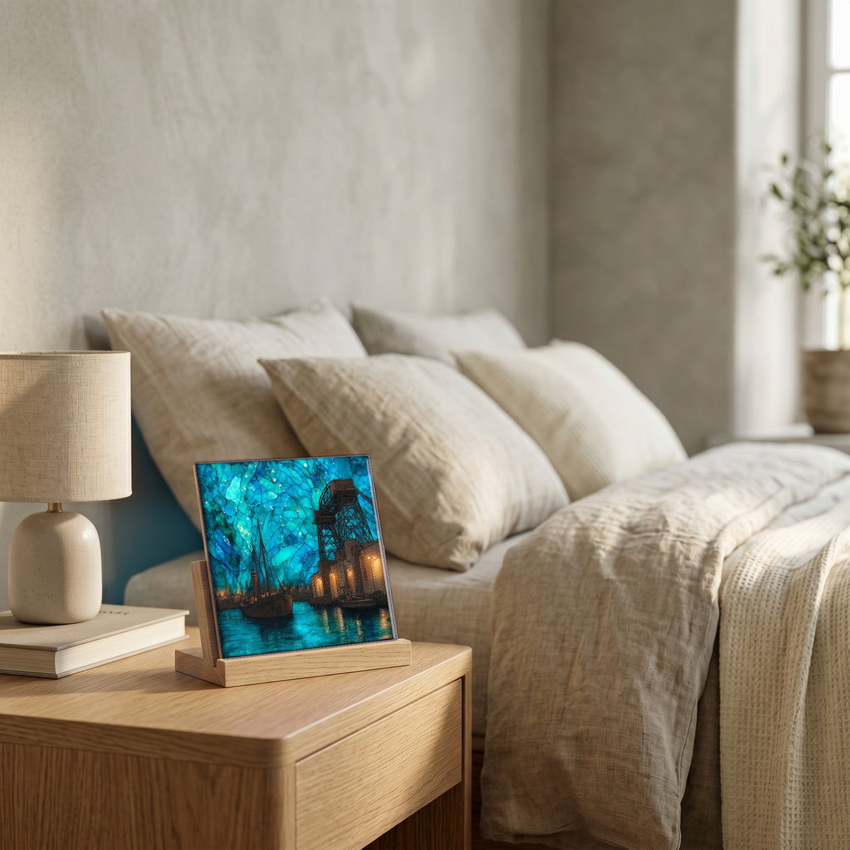 On the nightstand, catching the morning.
