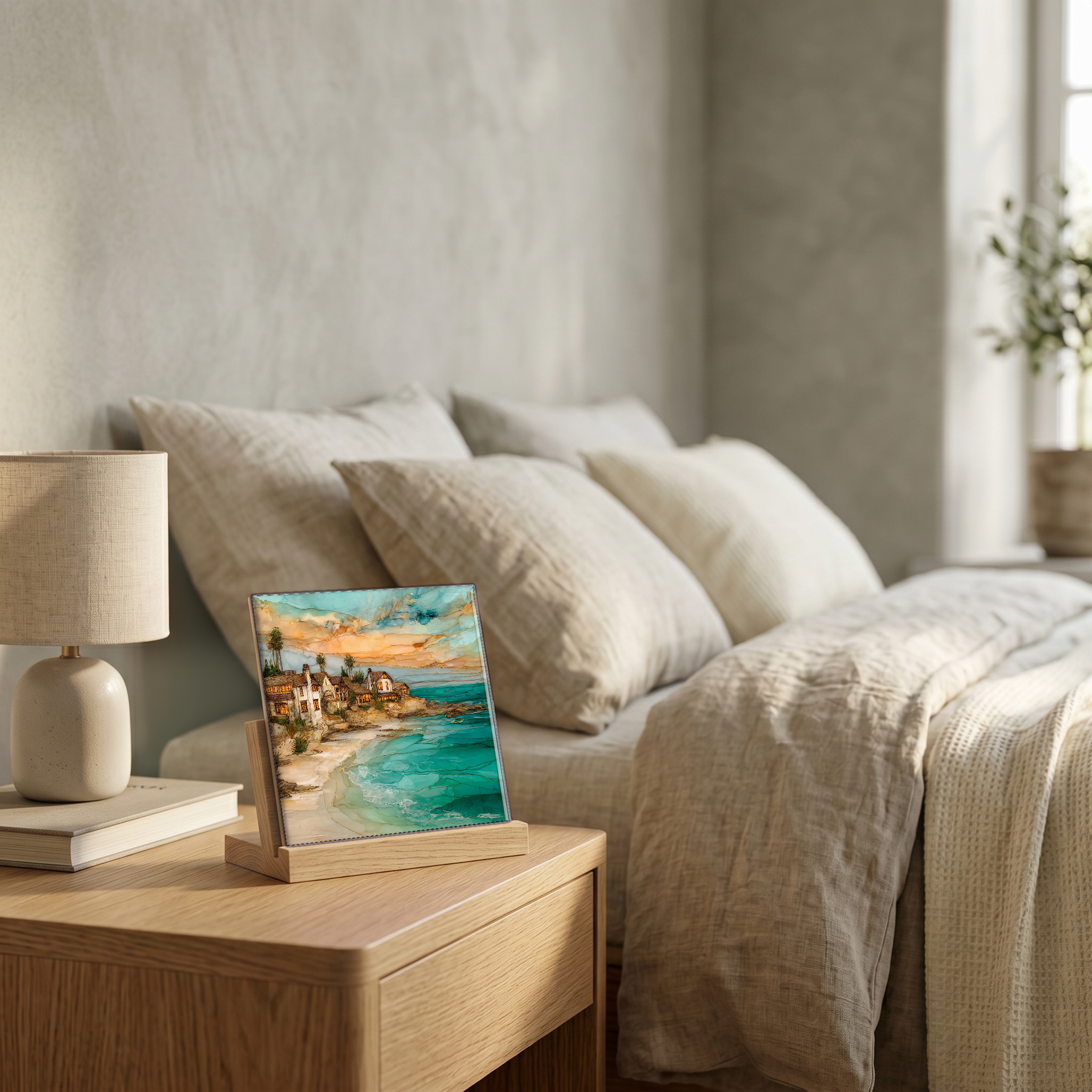 On the nightstand, on a light oak stand.