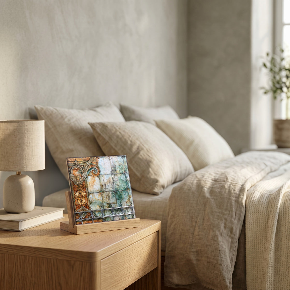 On the nightstand, catching the morning.