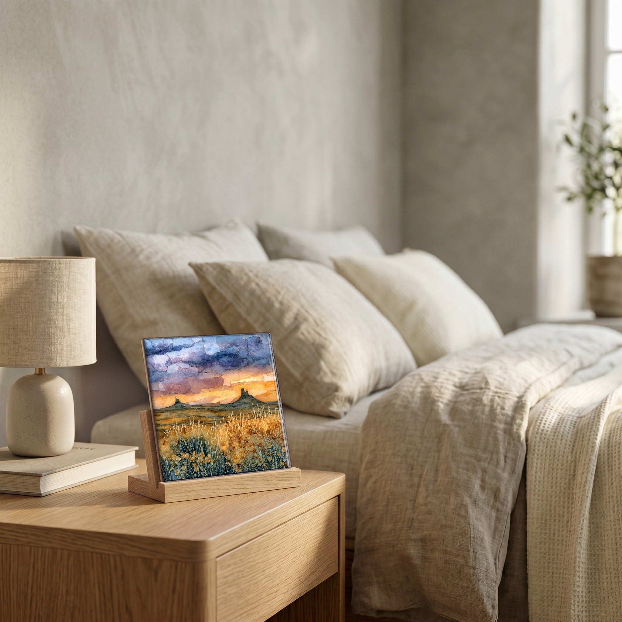 On the nightstand, on a light oak stand.
