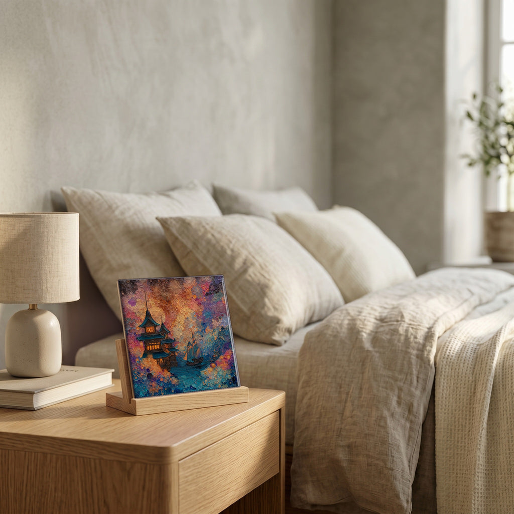 On the nightstand, catching the morning.