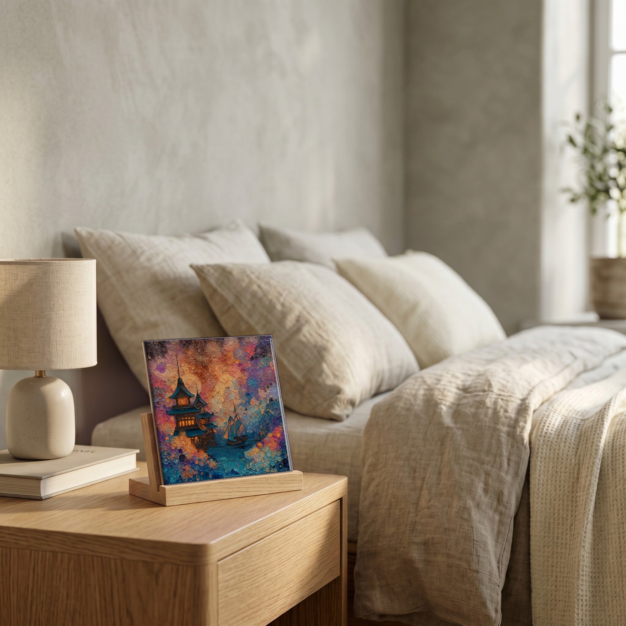 On the nightstand, catching the morning.